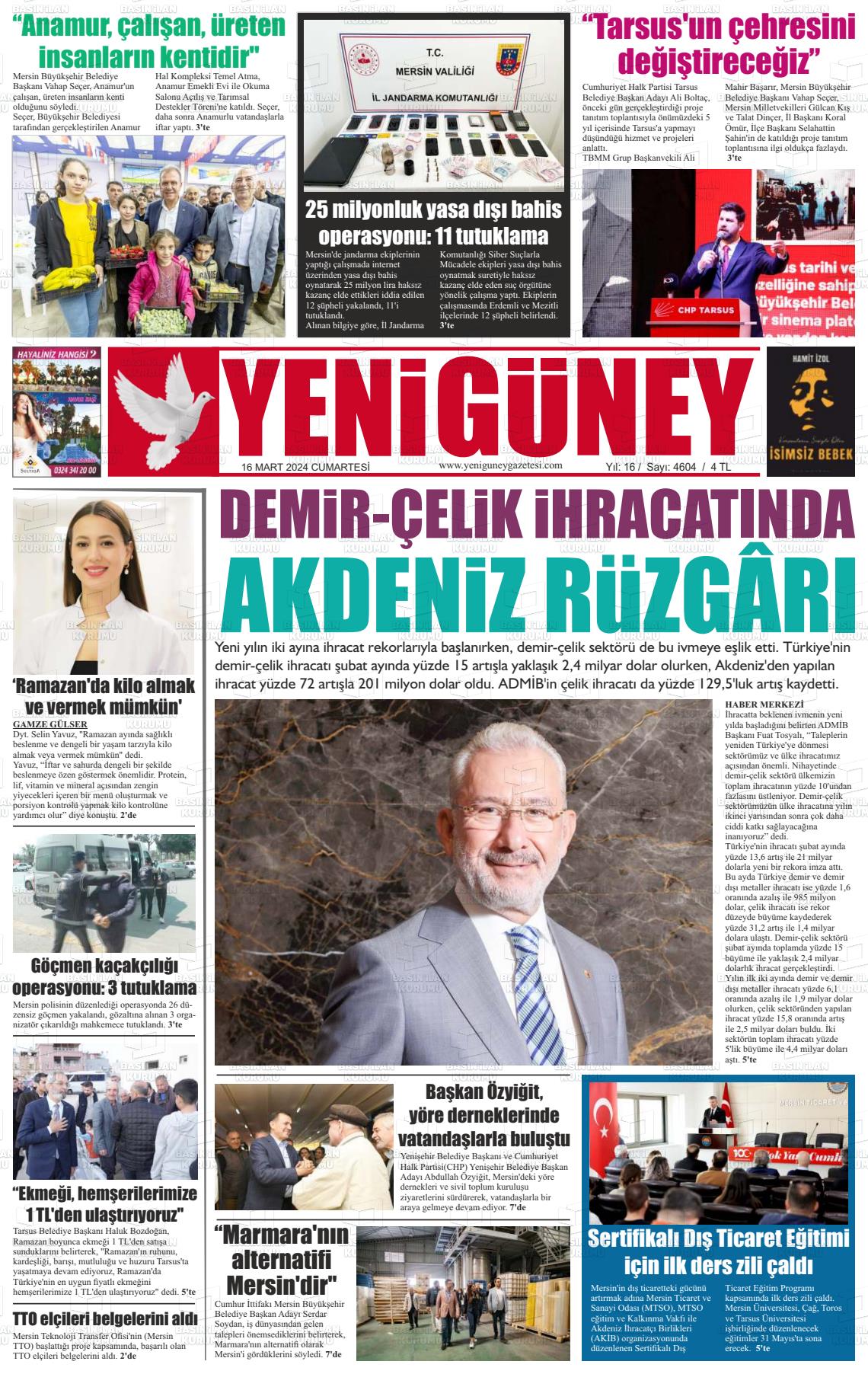 16 Mart 2024 Yeni Güney Gazete Manşeti