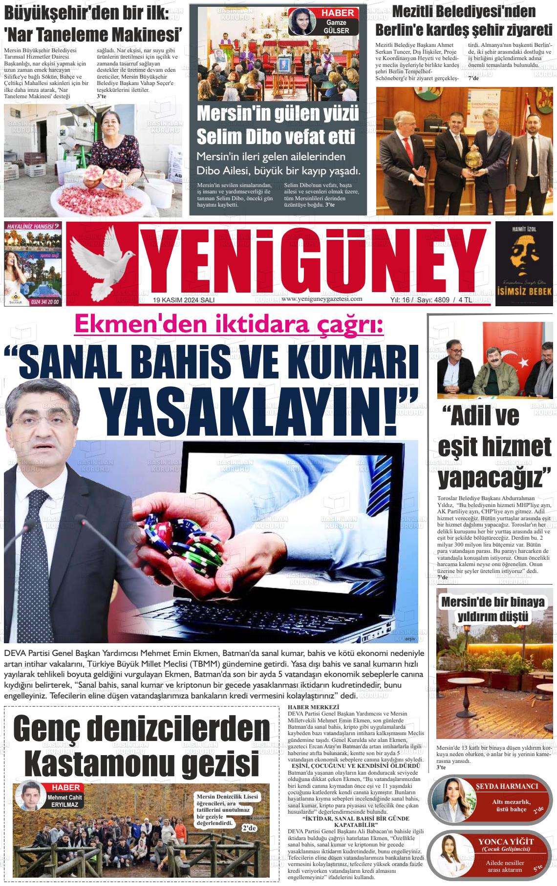 19 Kasım 2024 Yeni Güney Gazete Manşeti