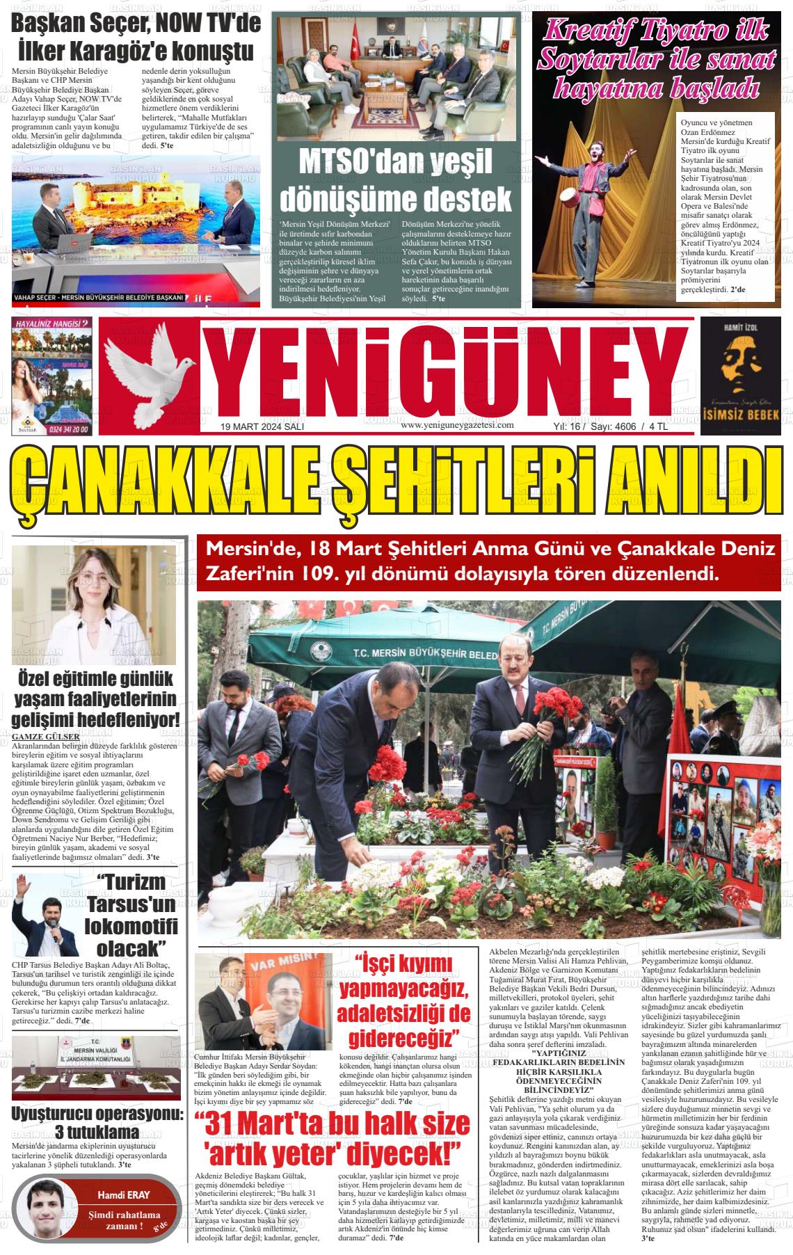 19 Mart 2024 Yeni Güney Gazete Manşeti