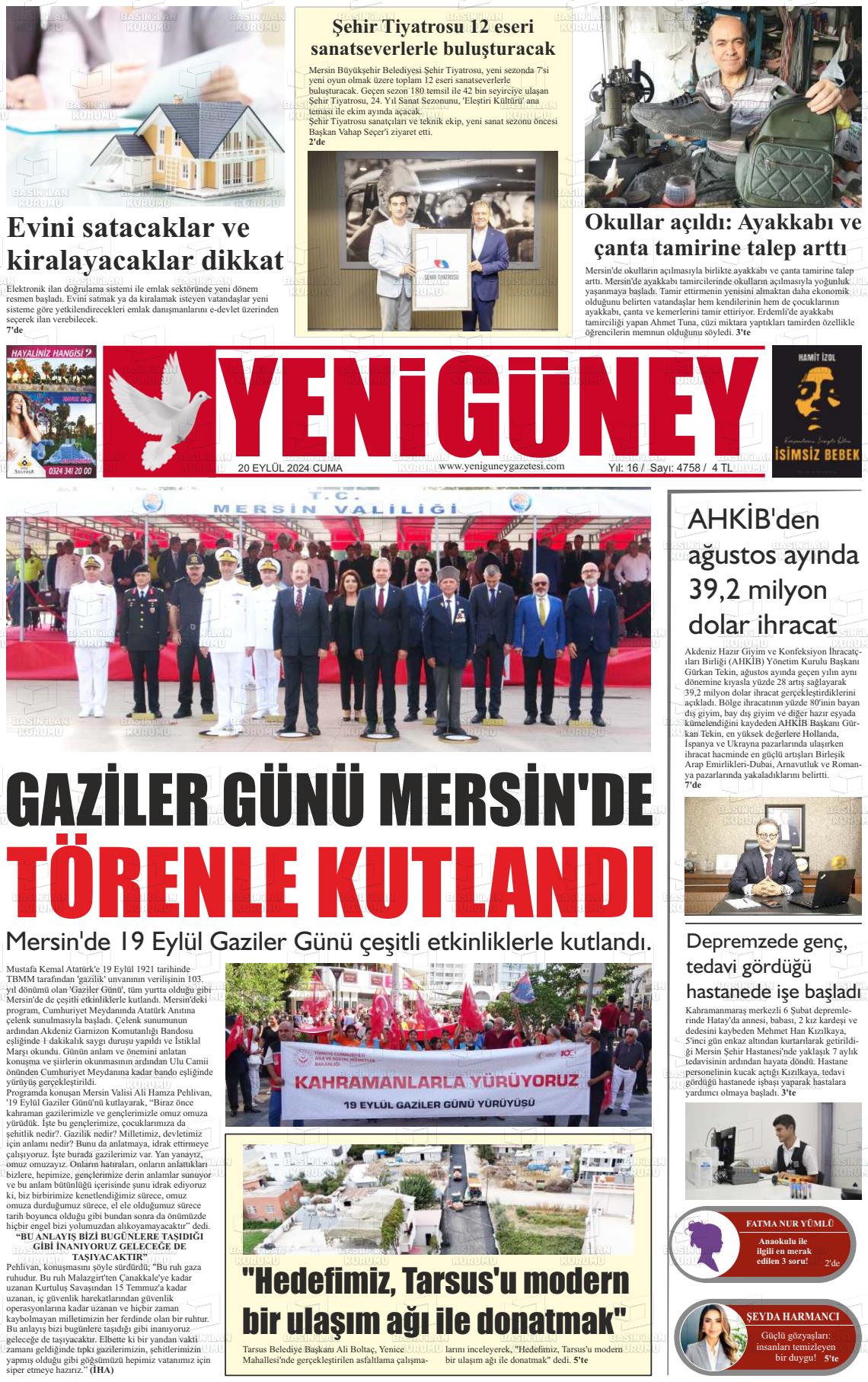 20 Eylül 2024 Yeni Güney Gazete Manşeti