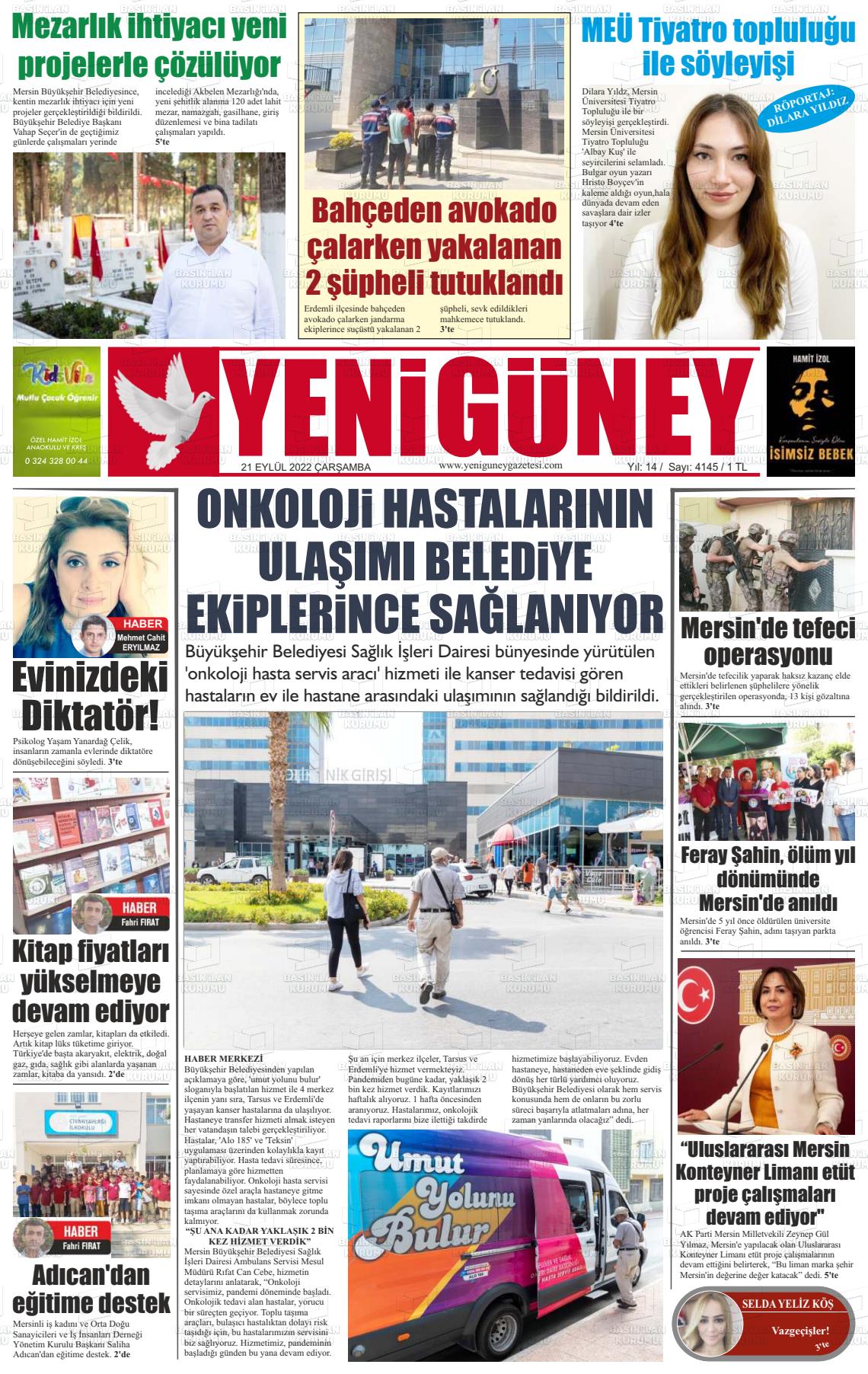 21 Eylül 2022 Yeni Güney Gazete Manşeti