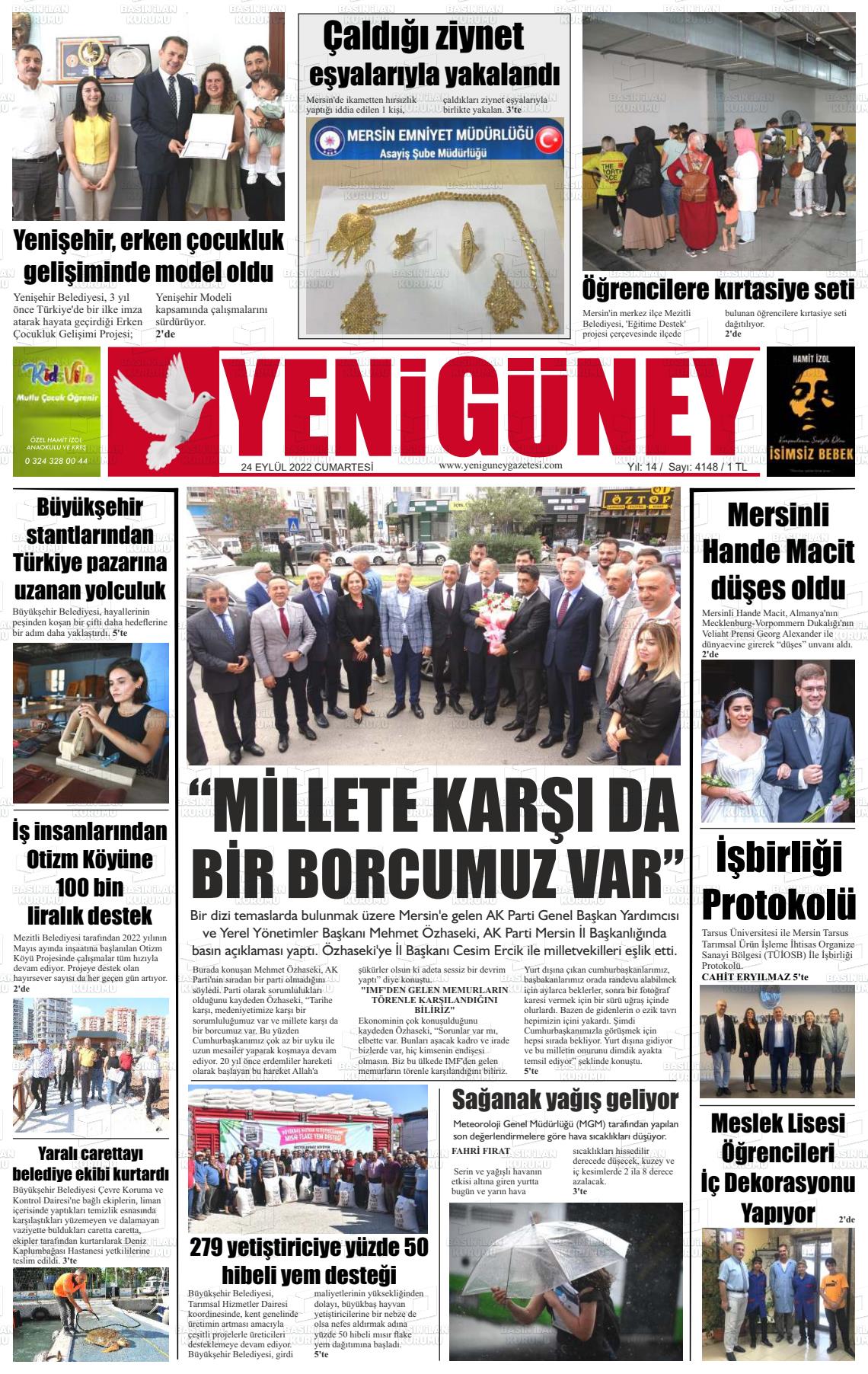 24 Eylül 2022 Yeni Güney Gazete Manşeti