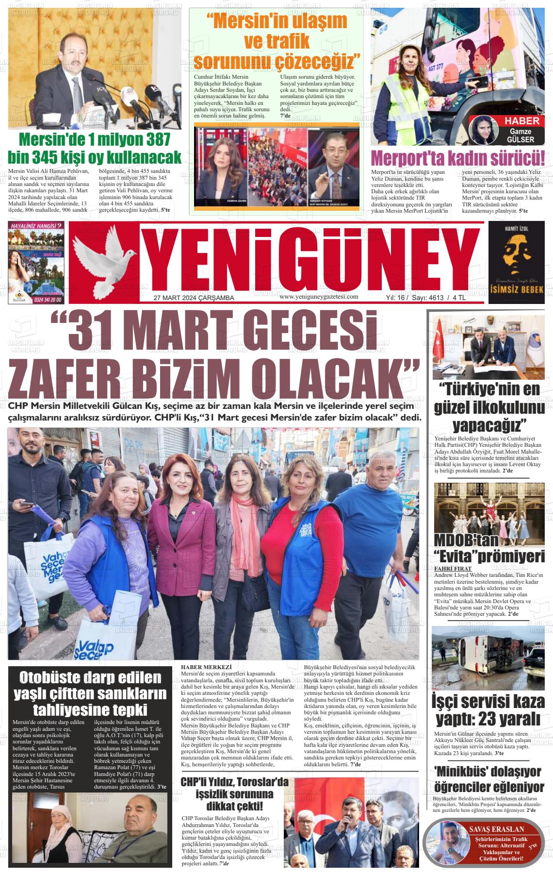 27 Mart 2024 Yeni Güney Gazete Manşeti