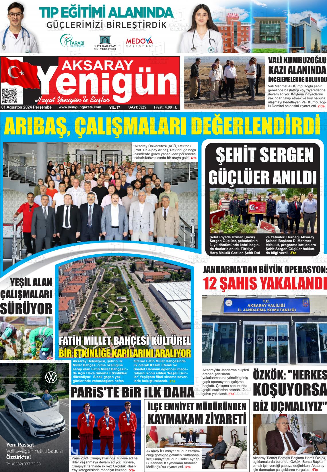 01 Ağustos 2024 Yenigün Gazete Manşeti