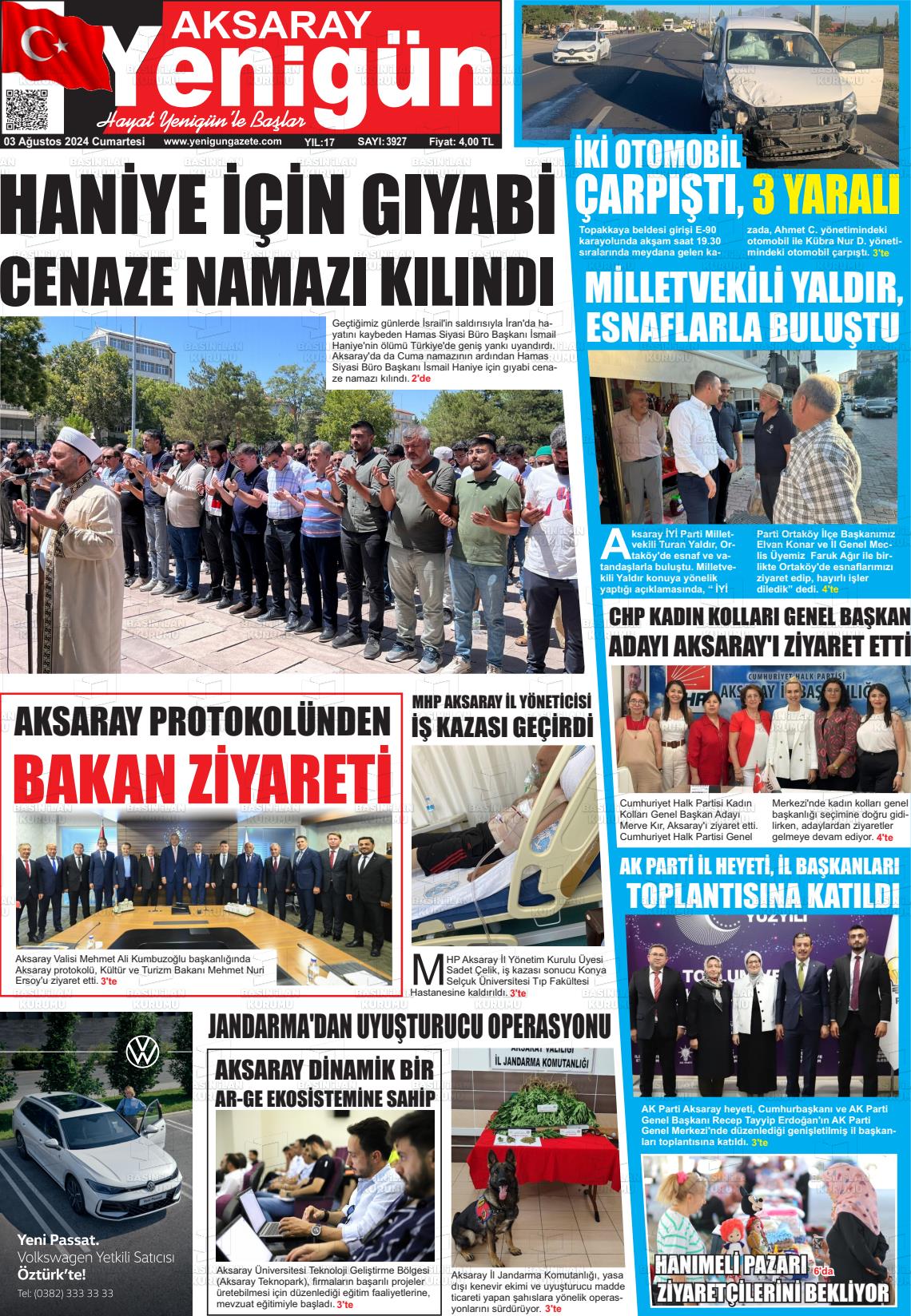 03 Ağustos 2024 Yenigün Gazete Manşeti