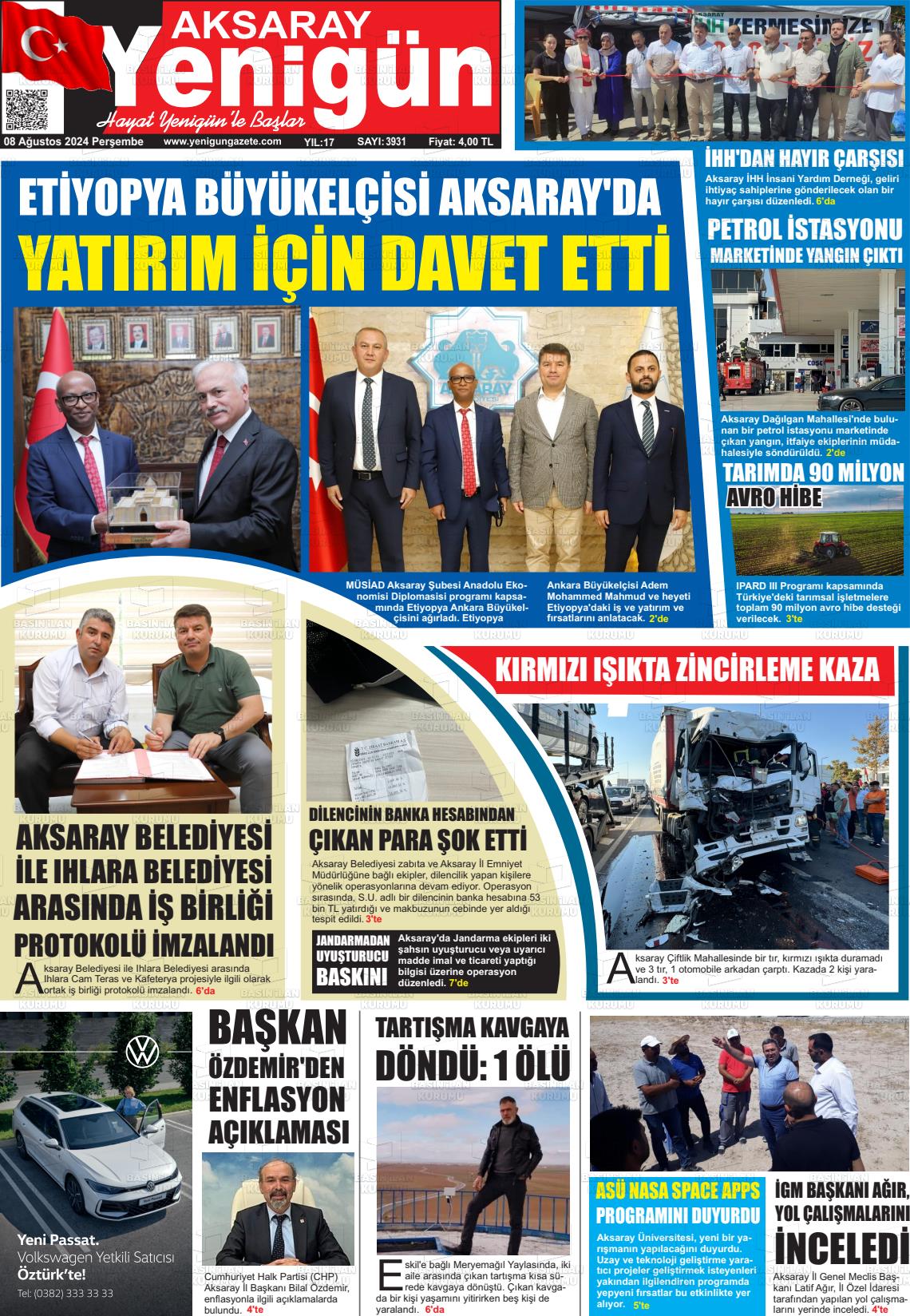 08 Ağustos 2024 Yenigün Gazete Manşeti