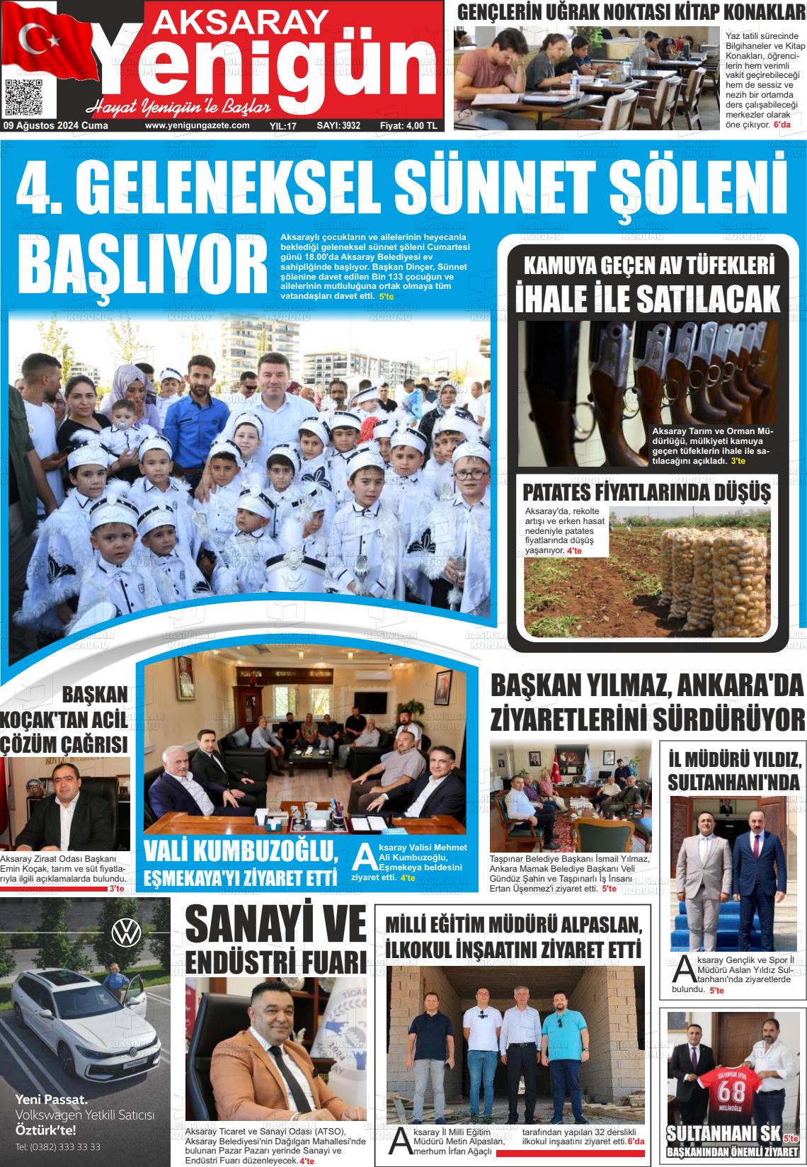 09 Ağustos 2024 Yenigün Gazete Manşeti