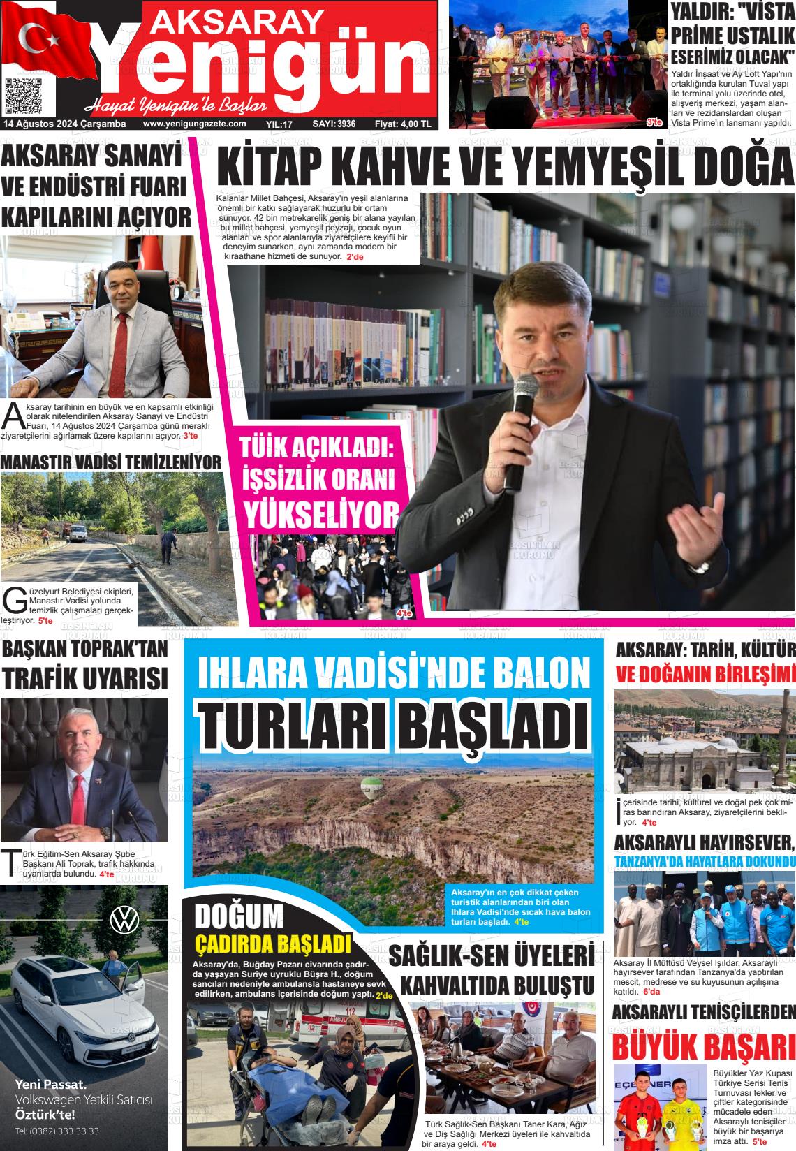 14 Ağustos 2024 Yenigün Gazete Manşeti