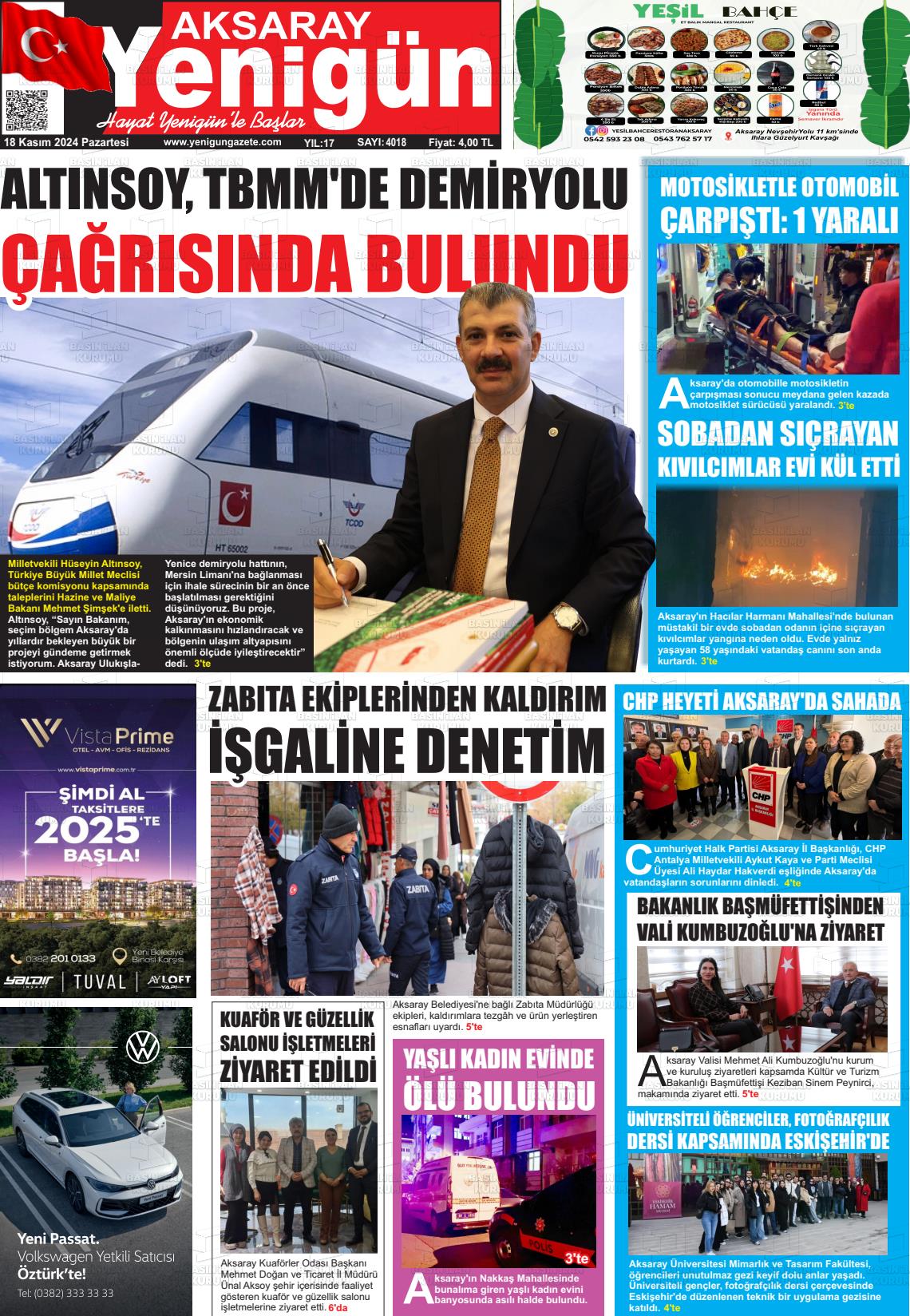 18 Kasım 2024 Yenigün Gazete Manşeti