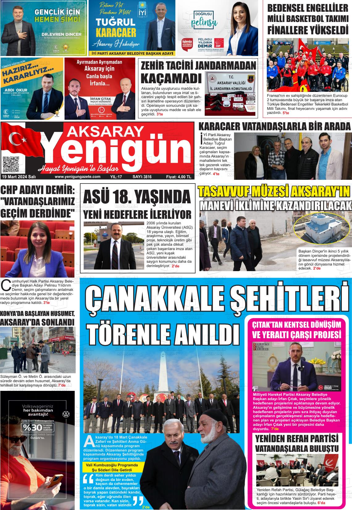 19 Mart 2024 Yenigün Gazete Manşeti