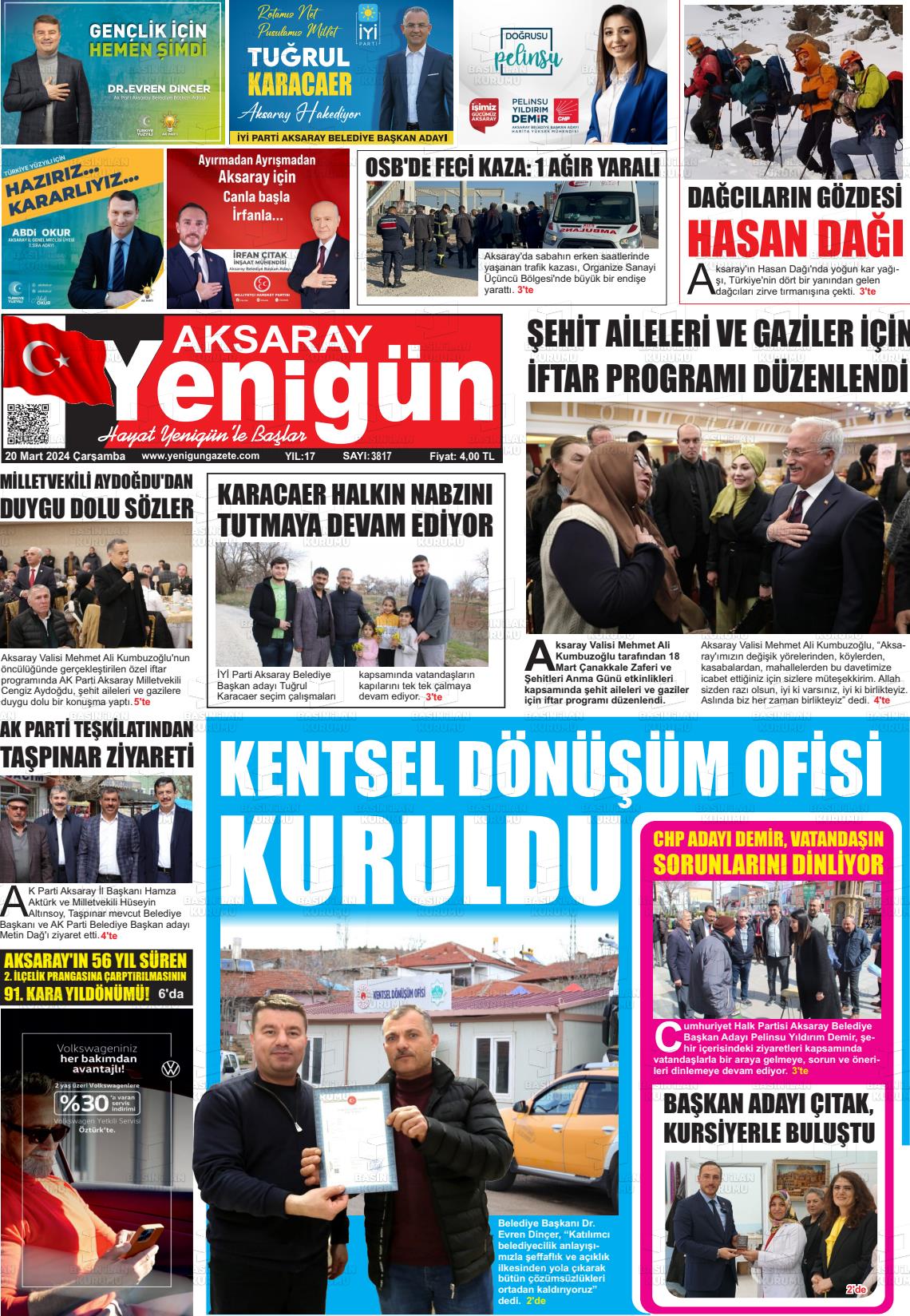 20 Mart 2024 Yenigün Gazete Manşeti