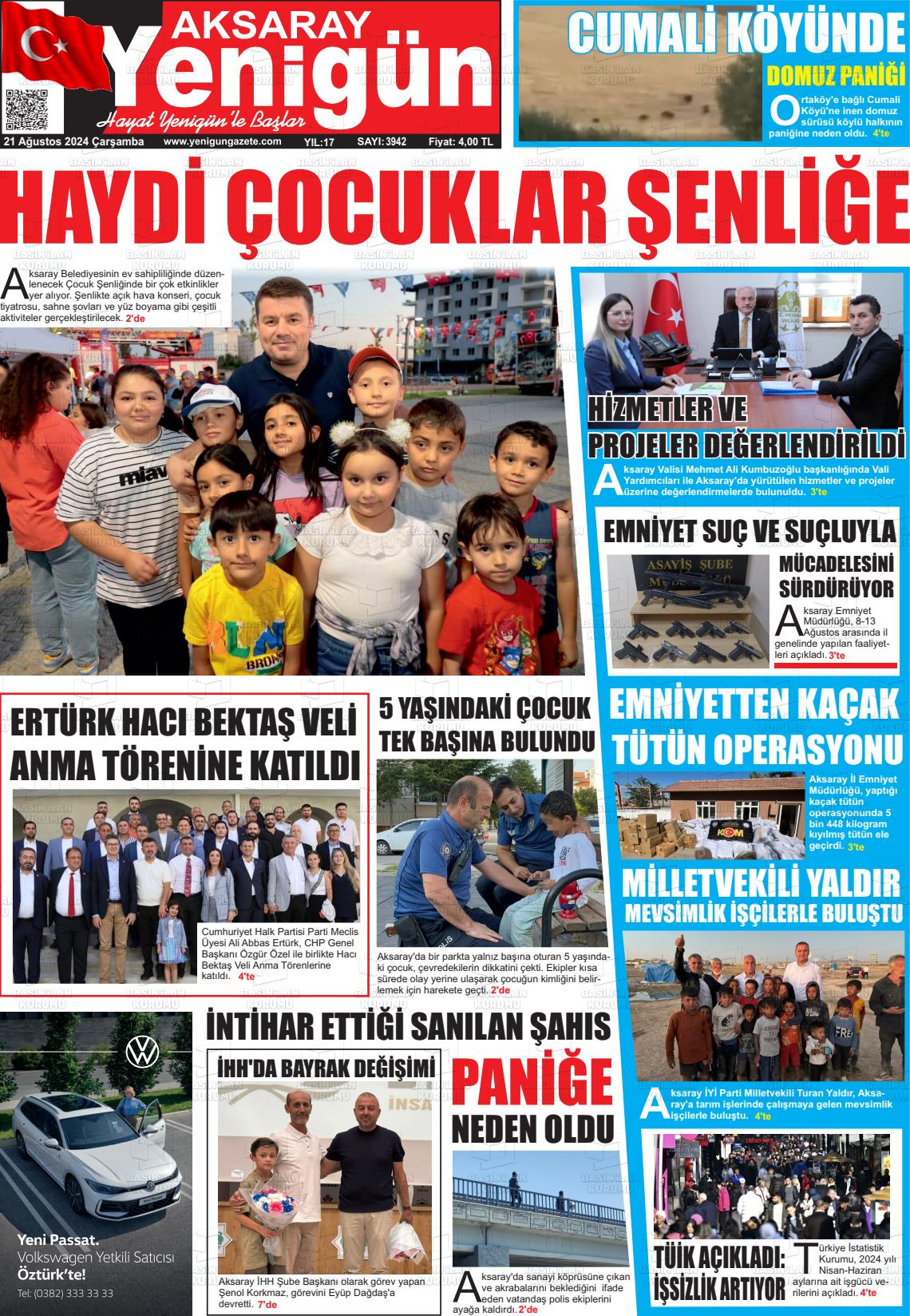 21 Ağustos 2024 Yenigün Gazete Manşeti