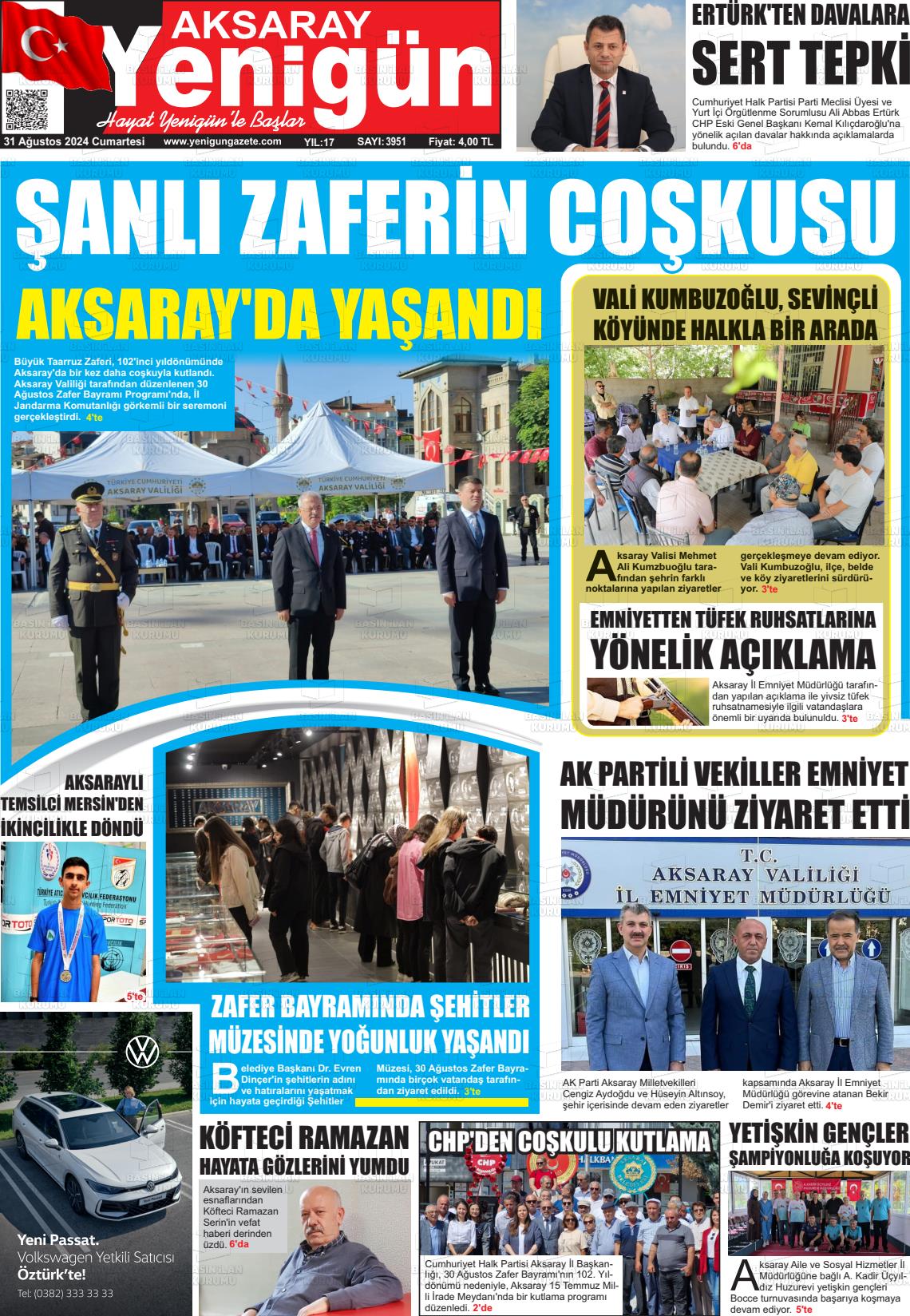 31 Ağustos 2024 Yenigün Gazete Manşeti