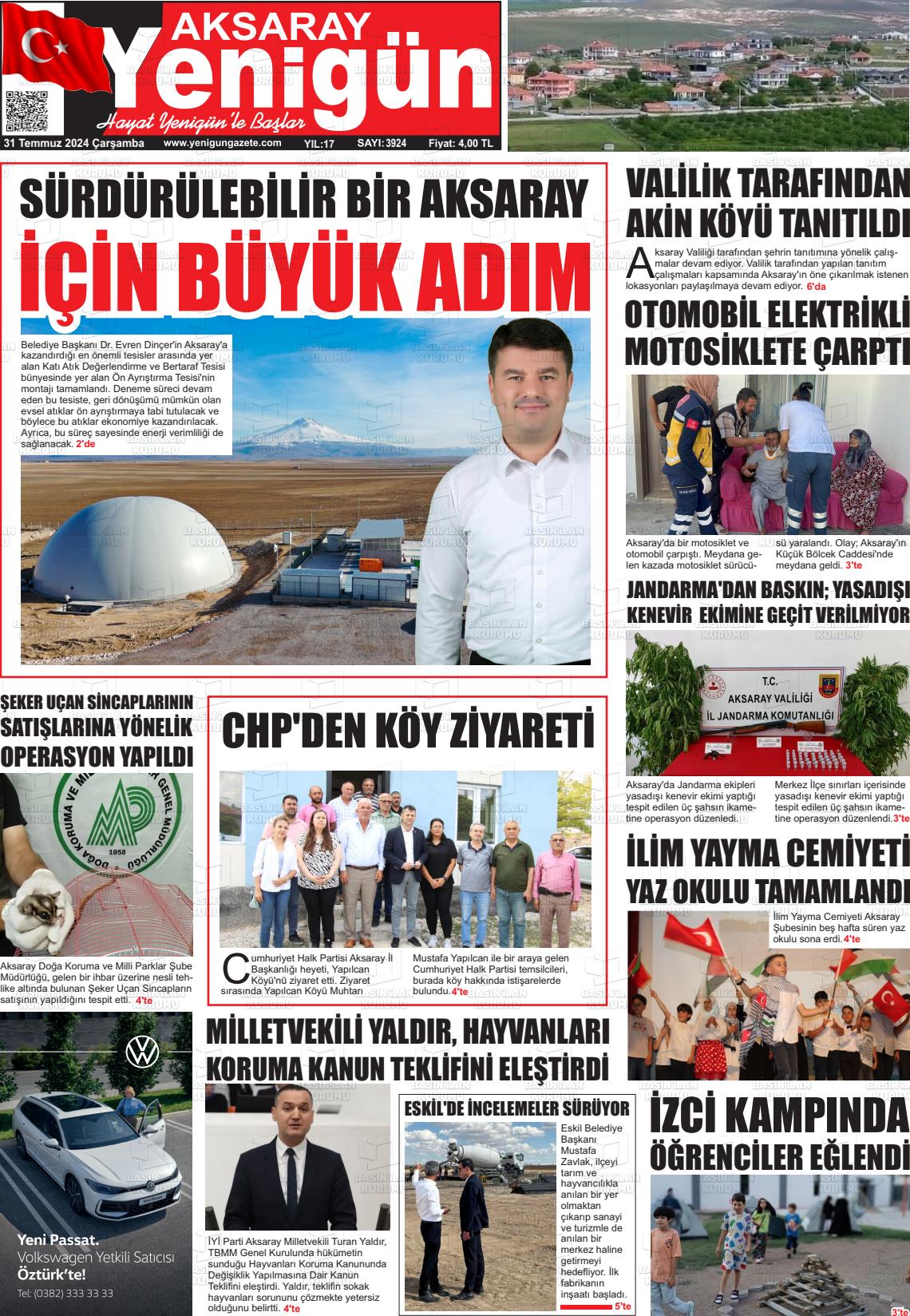 31 Temmuz 2024 Yenigün Gazete Manşeti