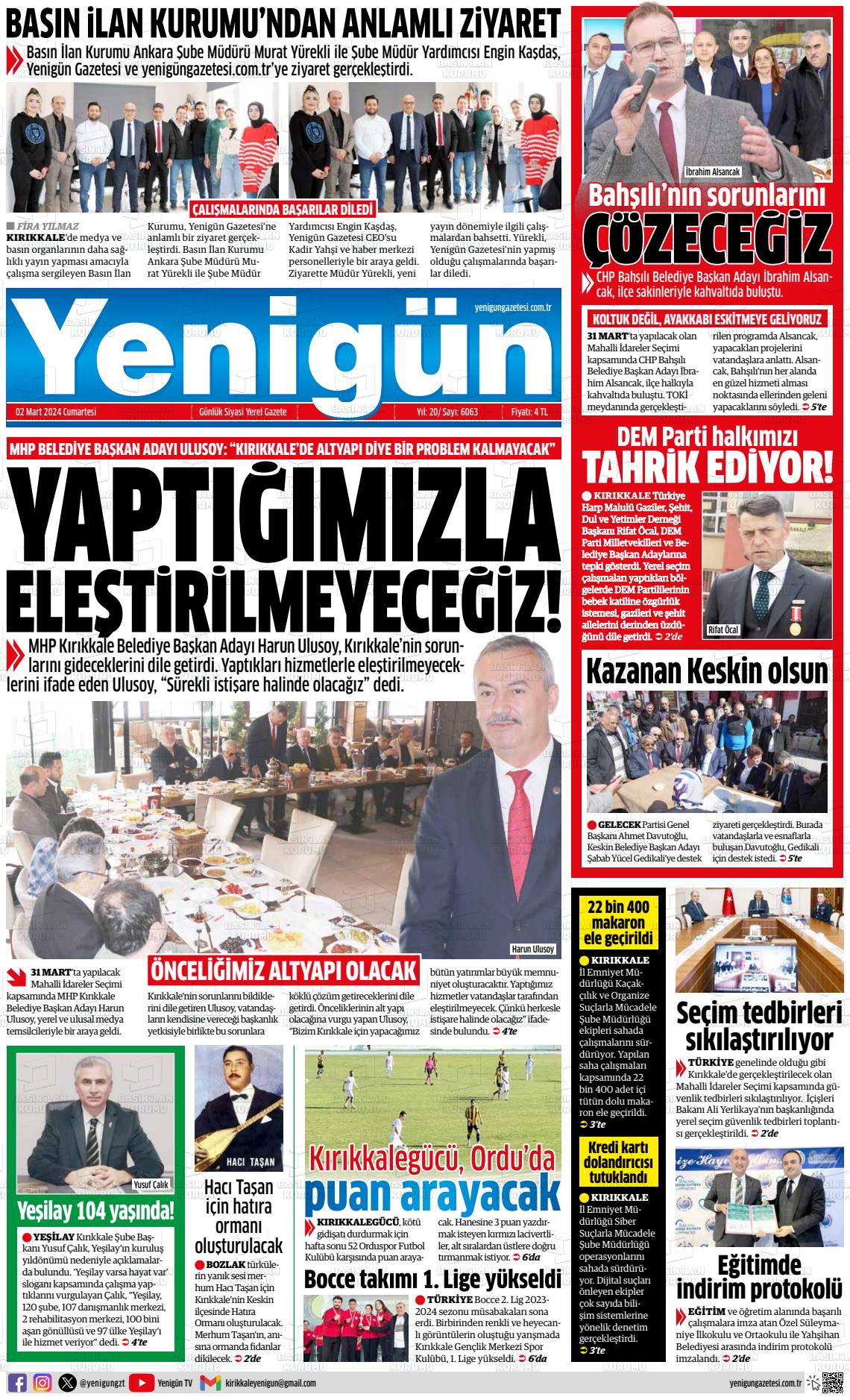 02 Mart 2024 Yenigün Gazete Manşeti