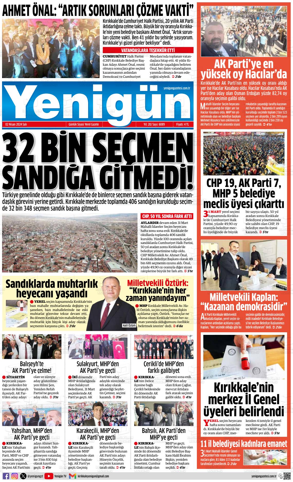 02 Nisan 2024 Yenigün Gazete Manşeti