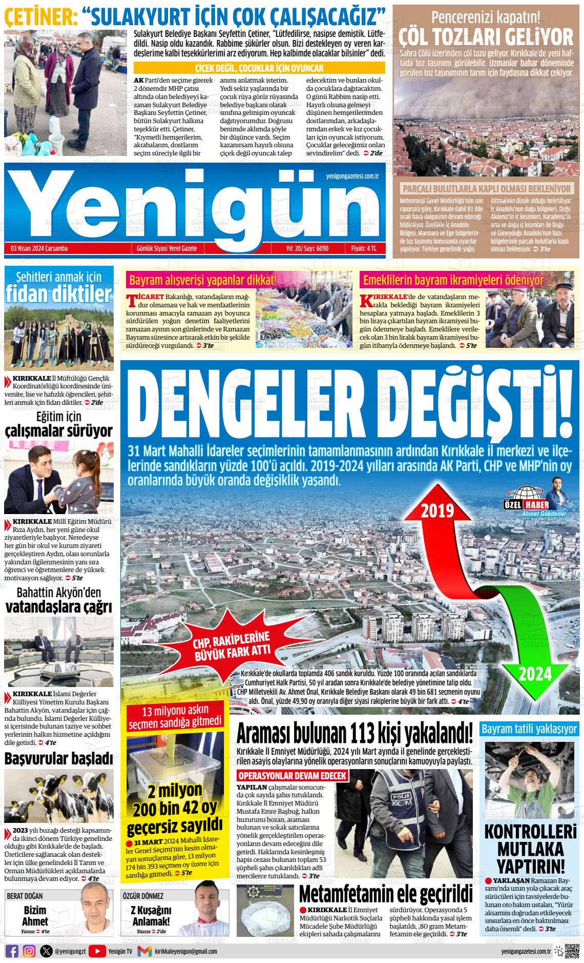 03 Nisan 2024 Yenigün Gazete Manşeti