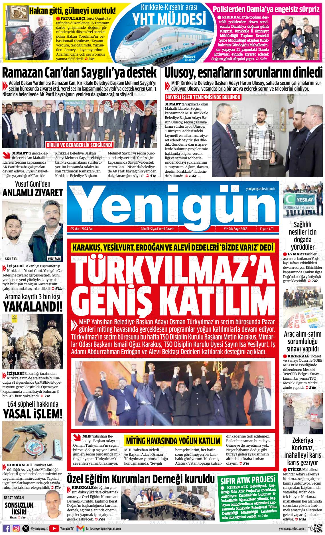 05 Mart 2024 Yenigün Gazete Manşeti