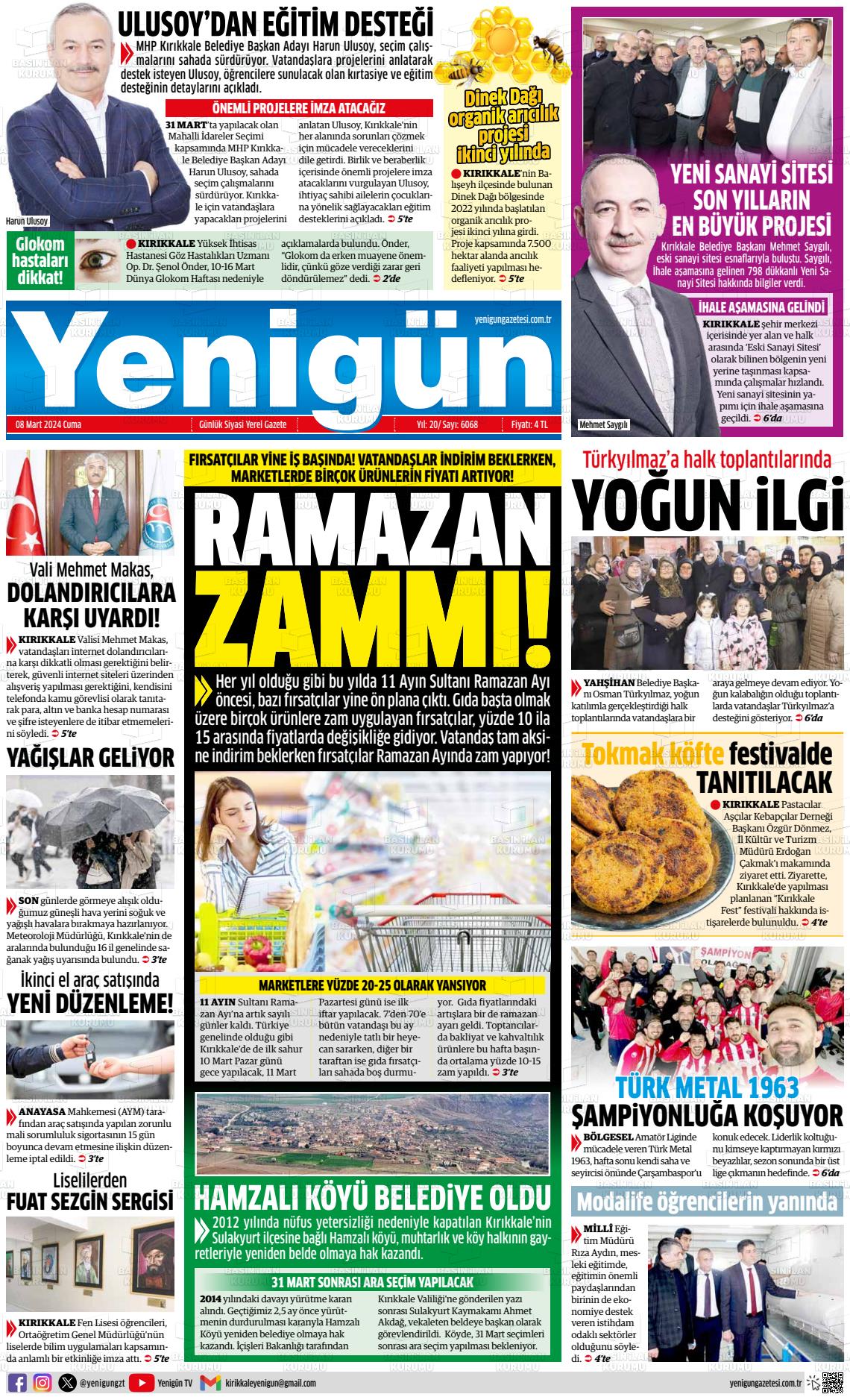 08 Mart 2024 Yenigün Gazete Manşeti