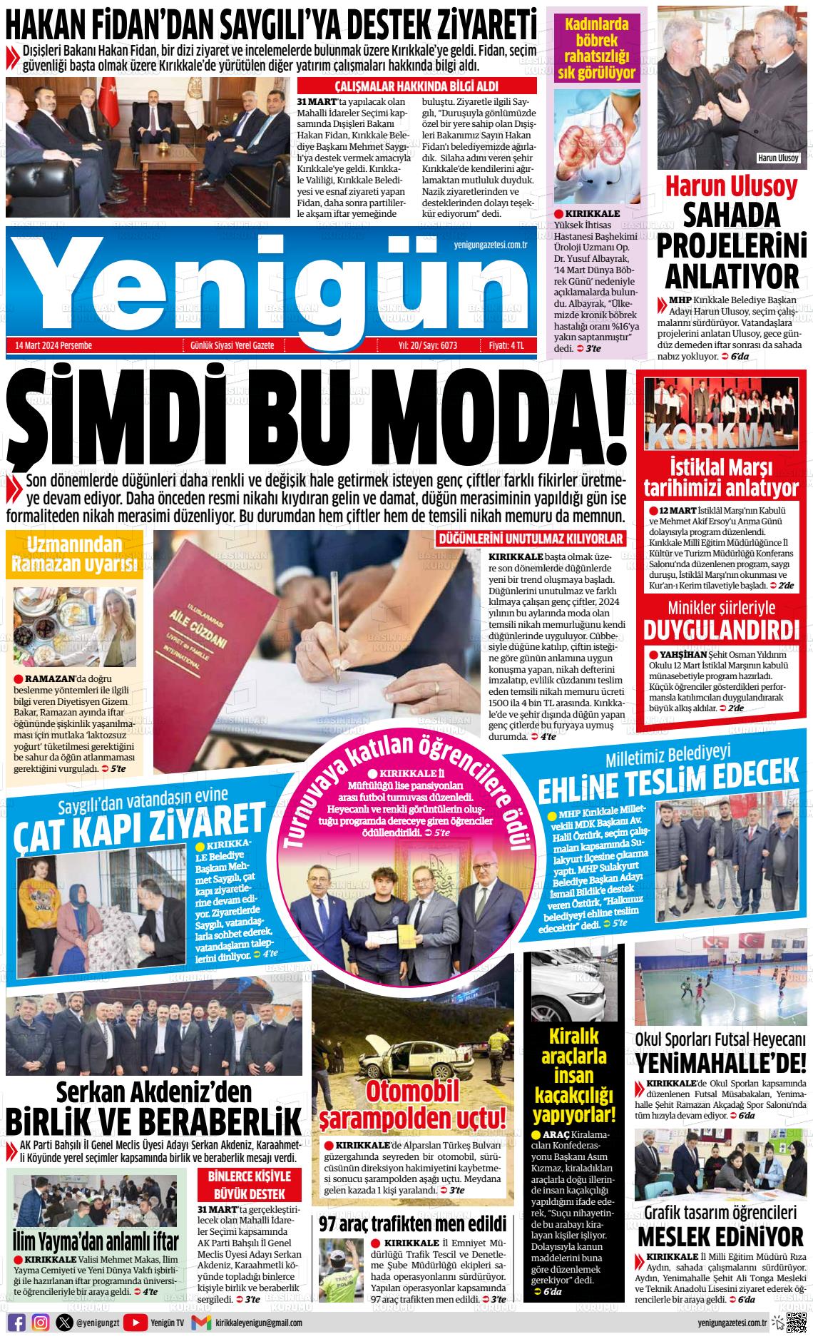 14 Mart 2024 Yenigün Gazete Manşeti