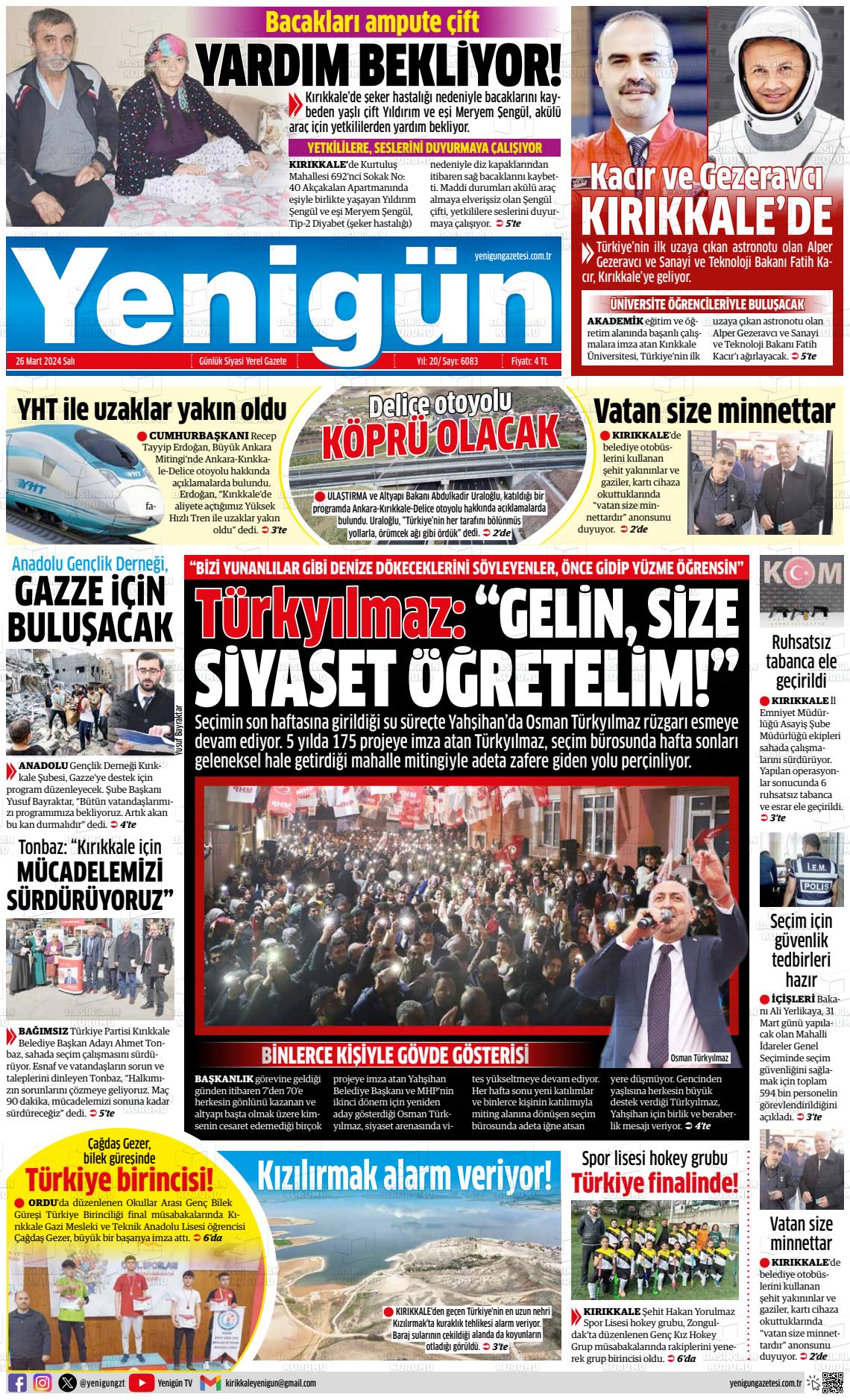 26 Mart 2024 Yenigün Gazete Manşeti