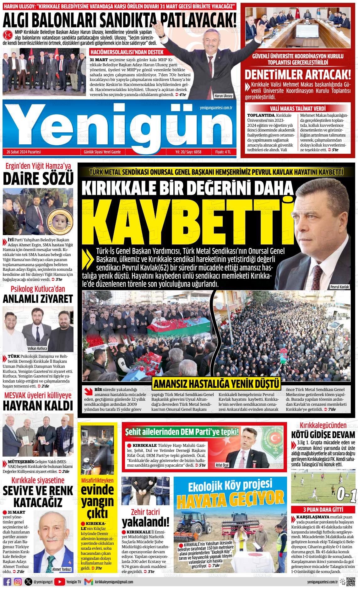 26 Şubat 2024 Yenigün Gazete Manşeti