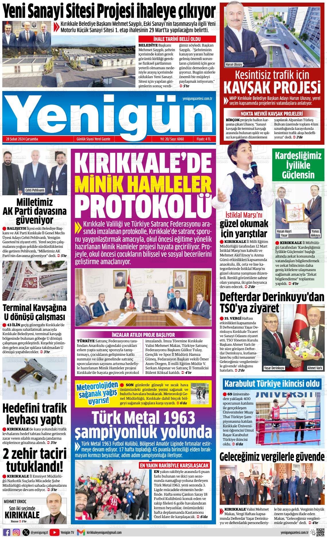 28 Şubat 2024 Yenigün Gazete Manşeti