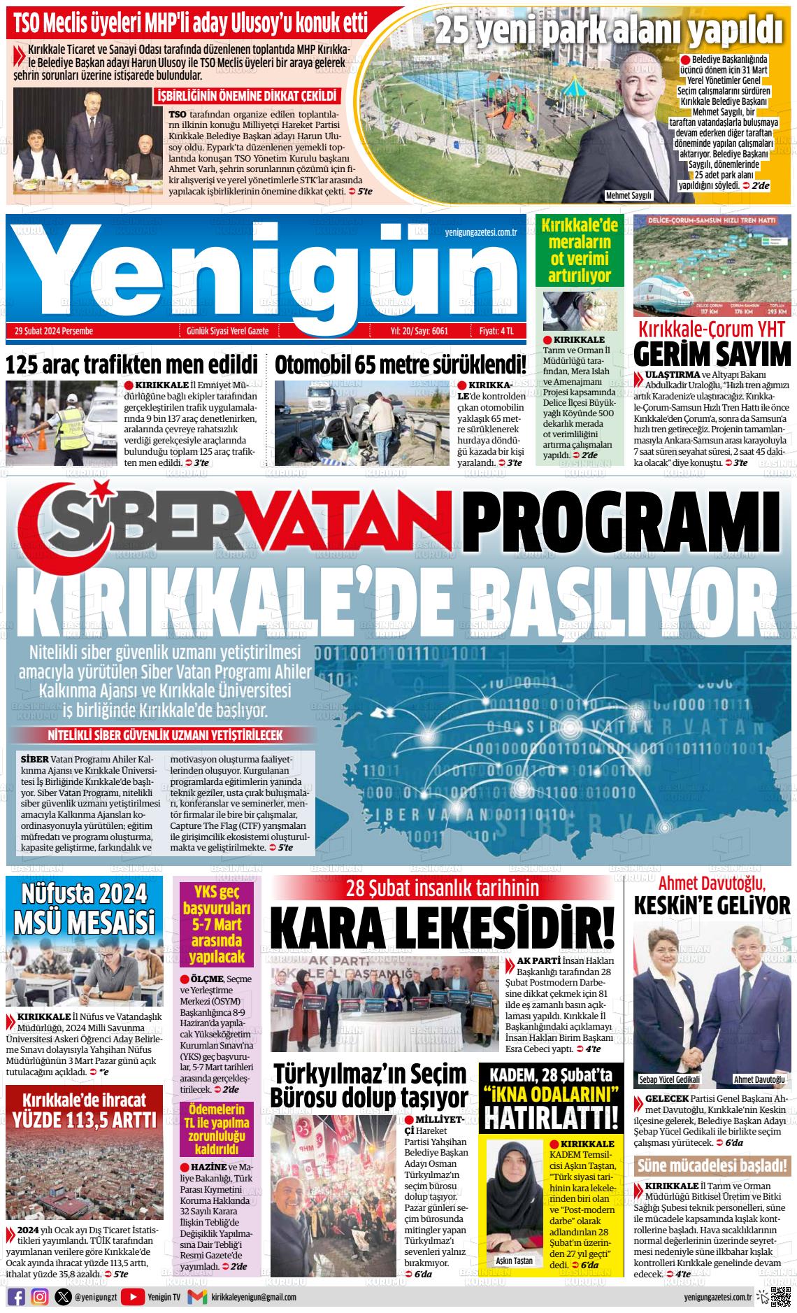 29 Şubat 2024 Yenigün Gazete Manşeti