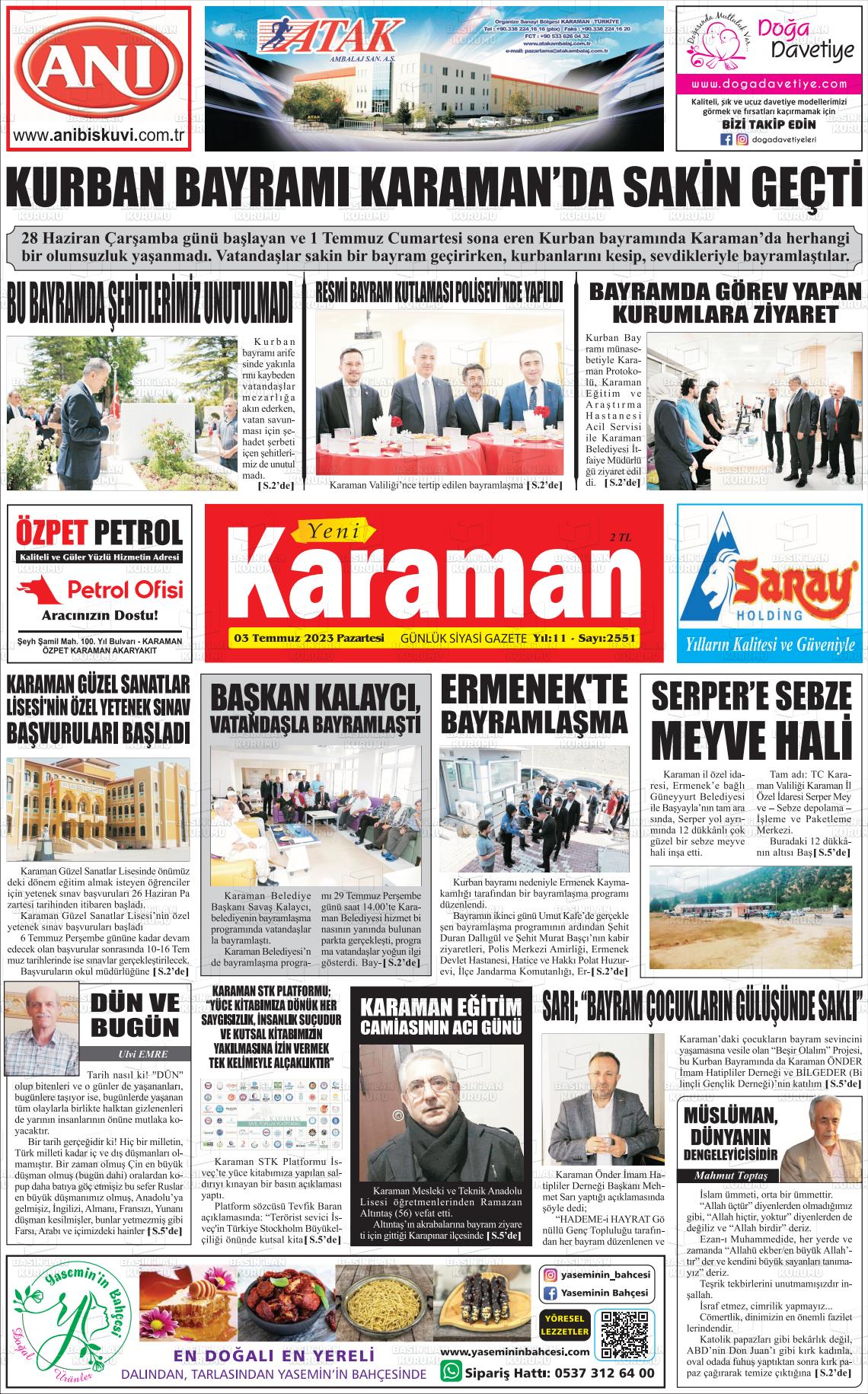 04 Temmuz 2023 Yeni Karaman Gazete Manşeti