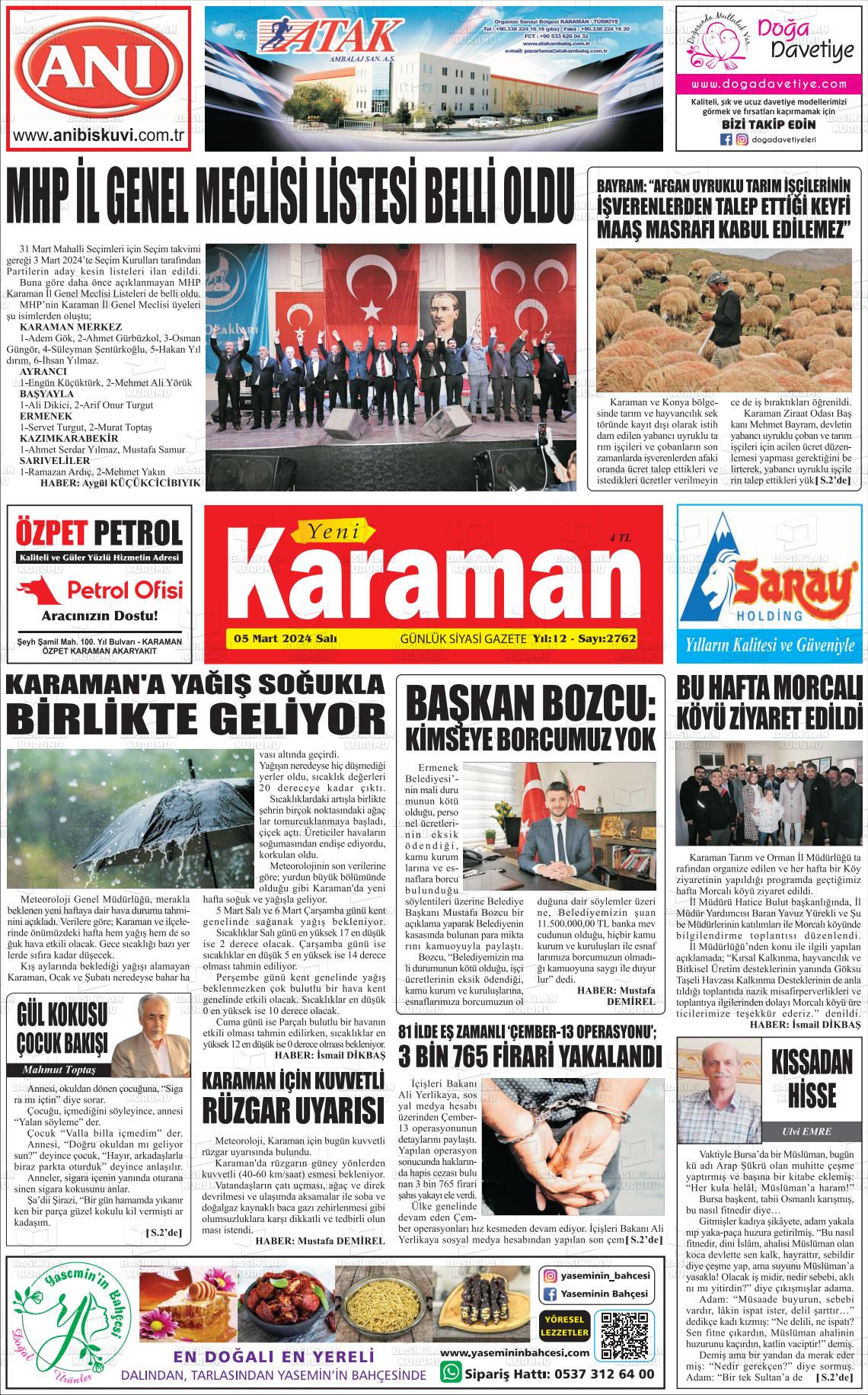 07 Mart 2024 Yeni Karaman Gazete Manşeti