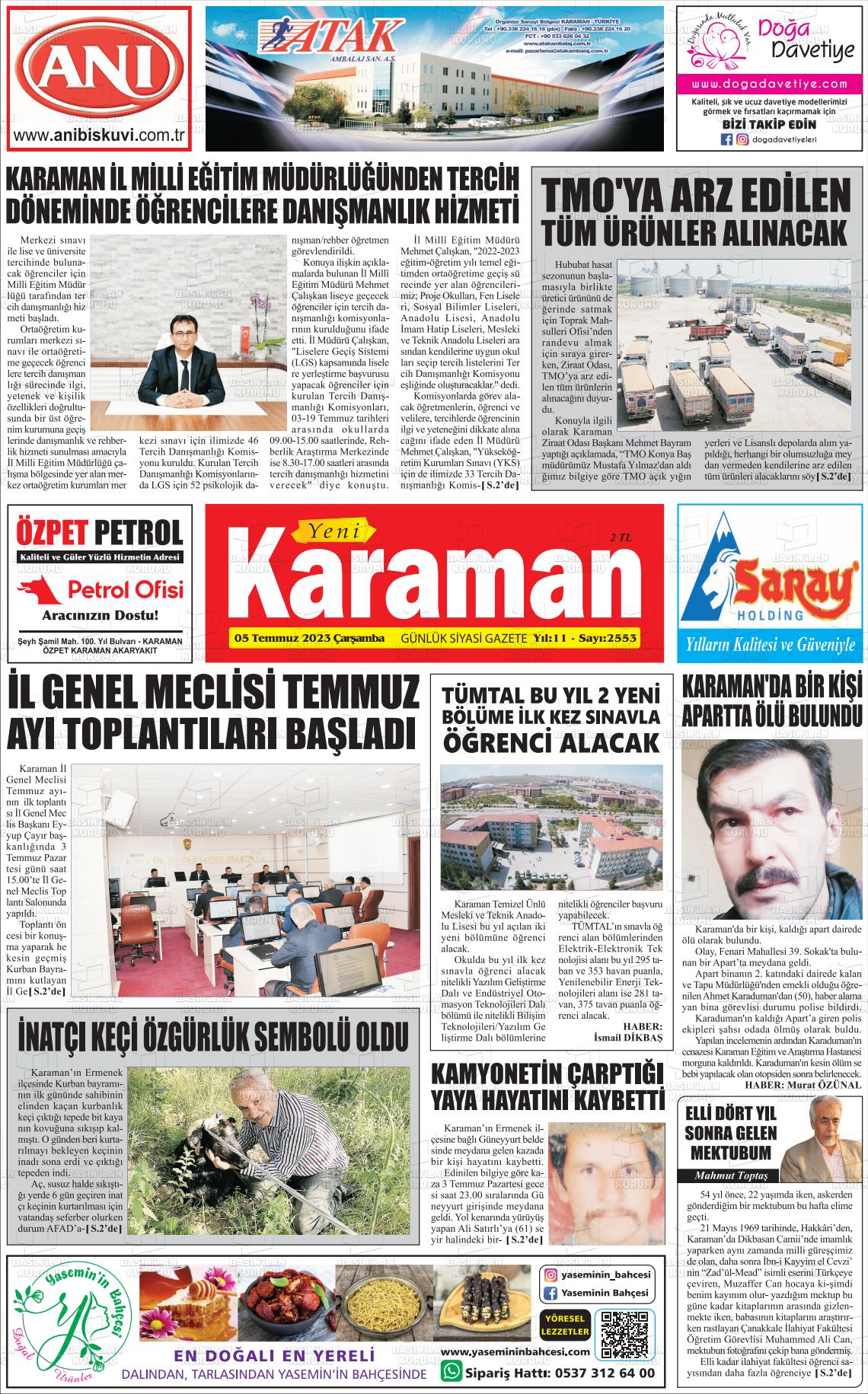 05 Temmuz 2023 Yeni Karaman Gazete Manşeti