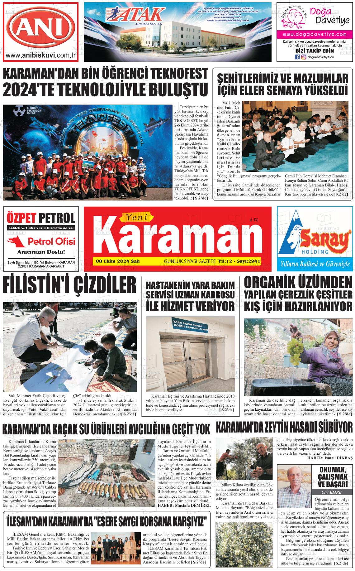 08 Ekim 2024 Yeni Karaman Gazete Manşeti