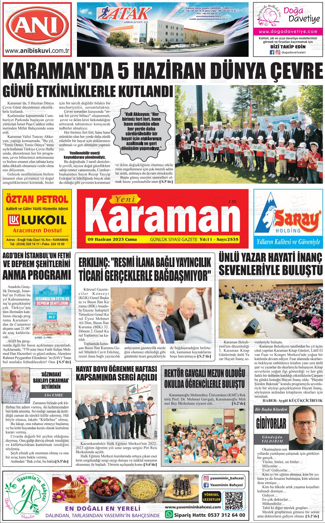 09 Haziran 2023 Yeni Karaman Gazete Manşeti