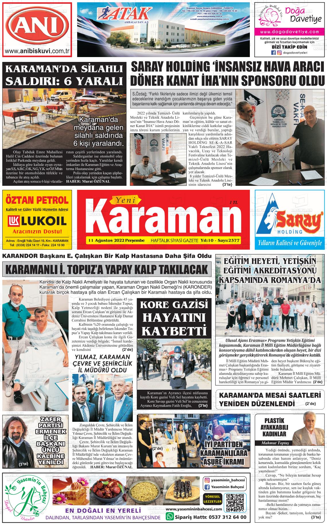 11 Ağustos 2022 Yeni Karaman Gazete Manşeti