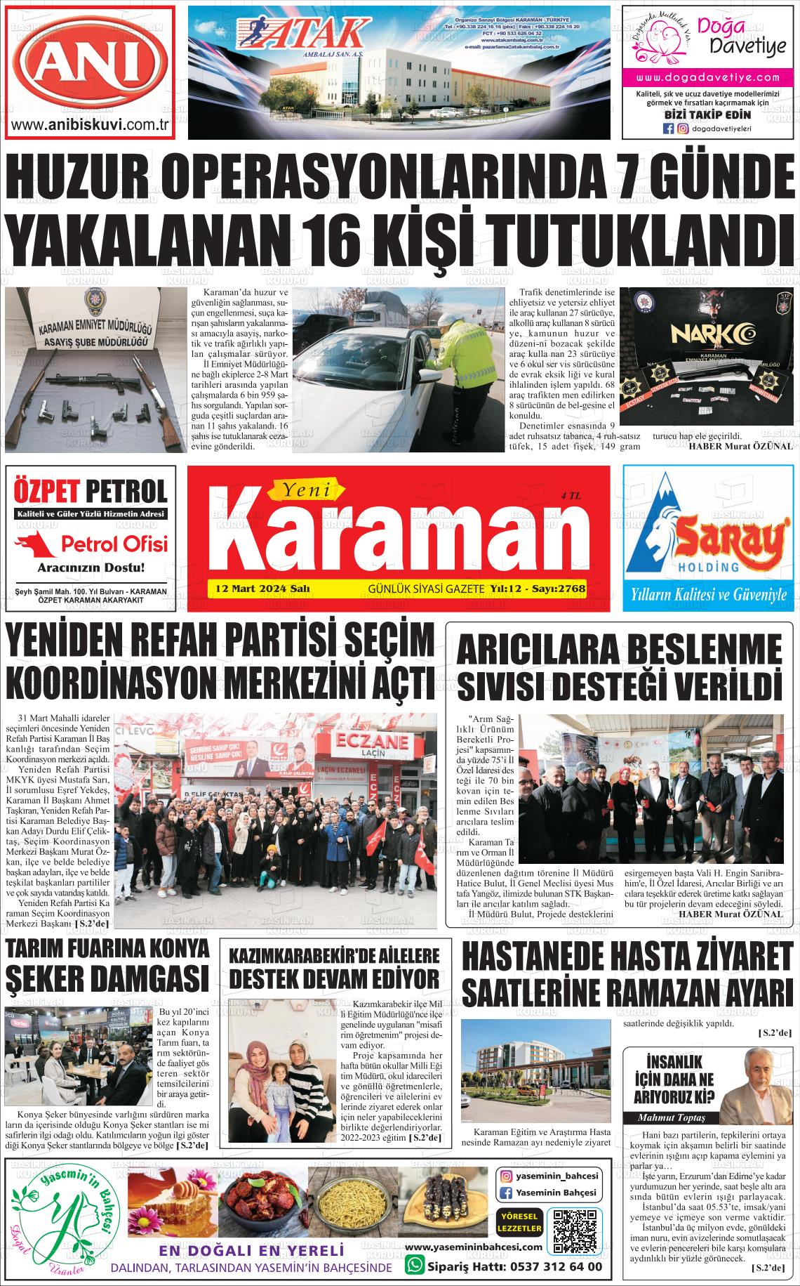 12 Mart 2024 Yeni Karaman Gazete Manşeti