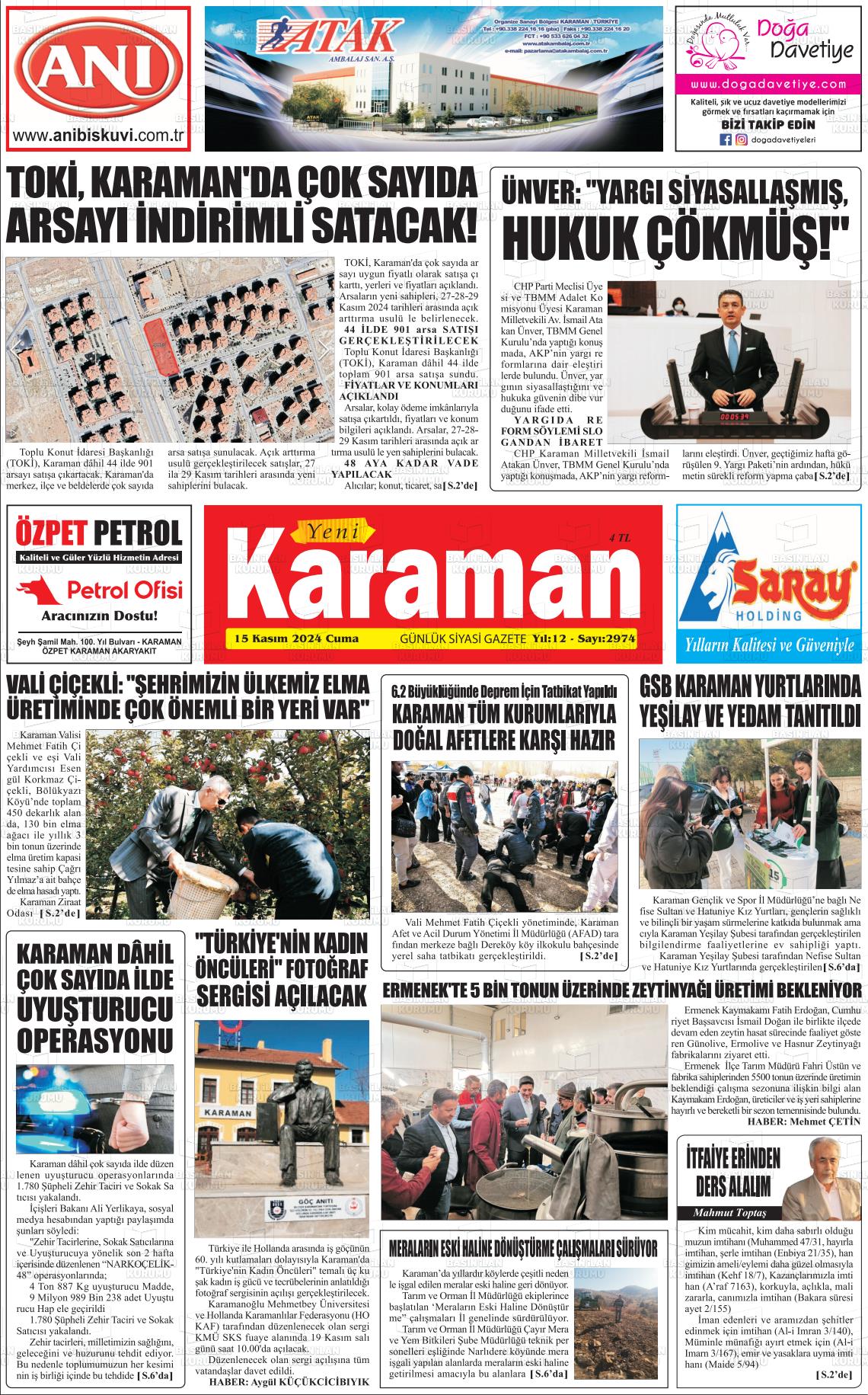 15 Kasım 2024 Yeni Karaman Gazete Manşeti