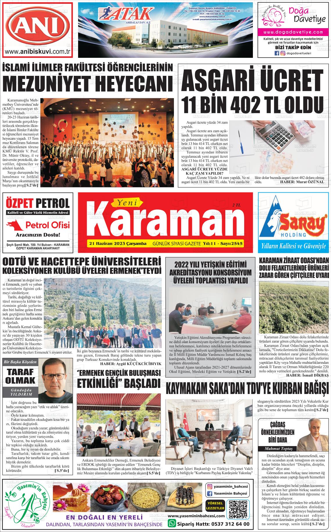 21 Haziran 2023 Yeni Karaman Gazete Manşeti