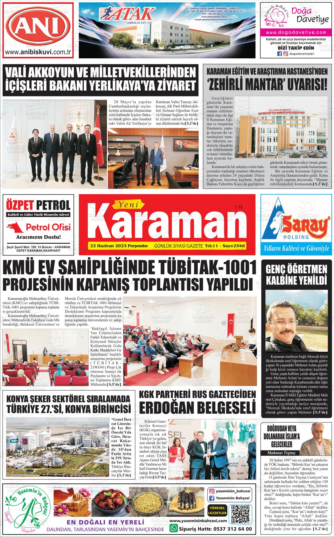 22 Haziran 2023 Yeni Karaman Gazete Manşeti