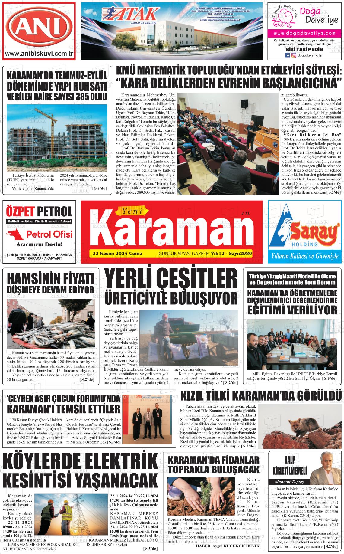 22 Kasım 2024 Yeni Karaman Gazete Manşeti