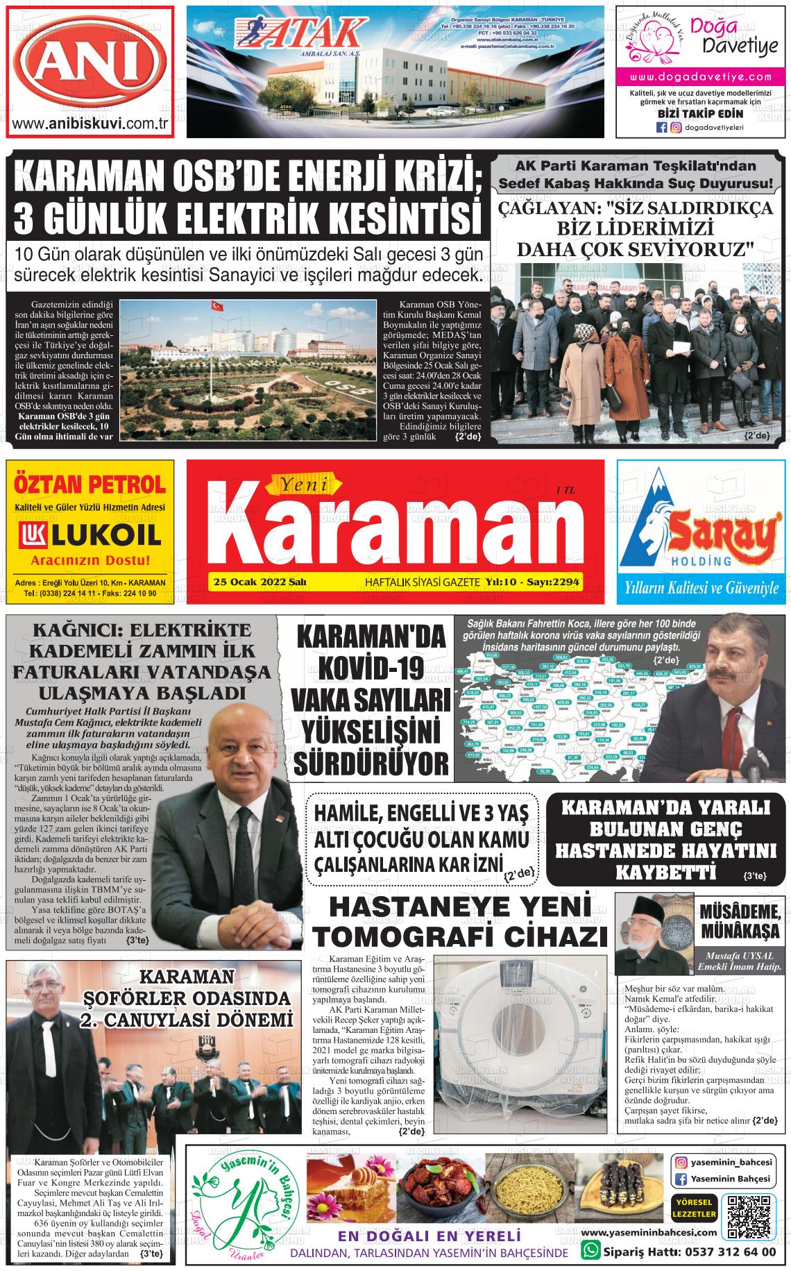 25 Ocak 2022 Yeni Karaman Gazete Manşeti