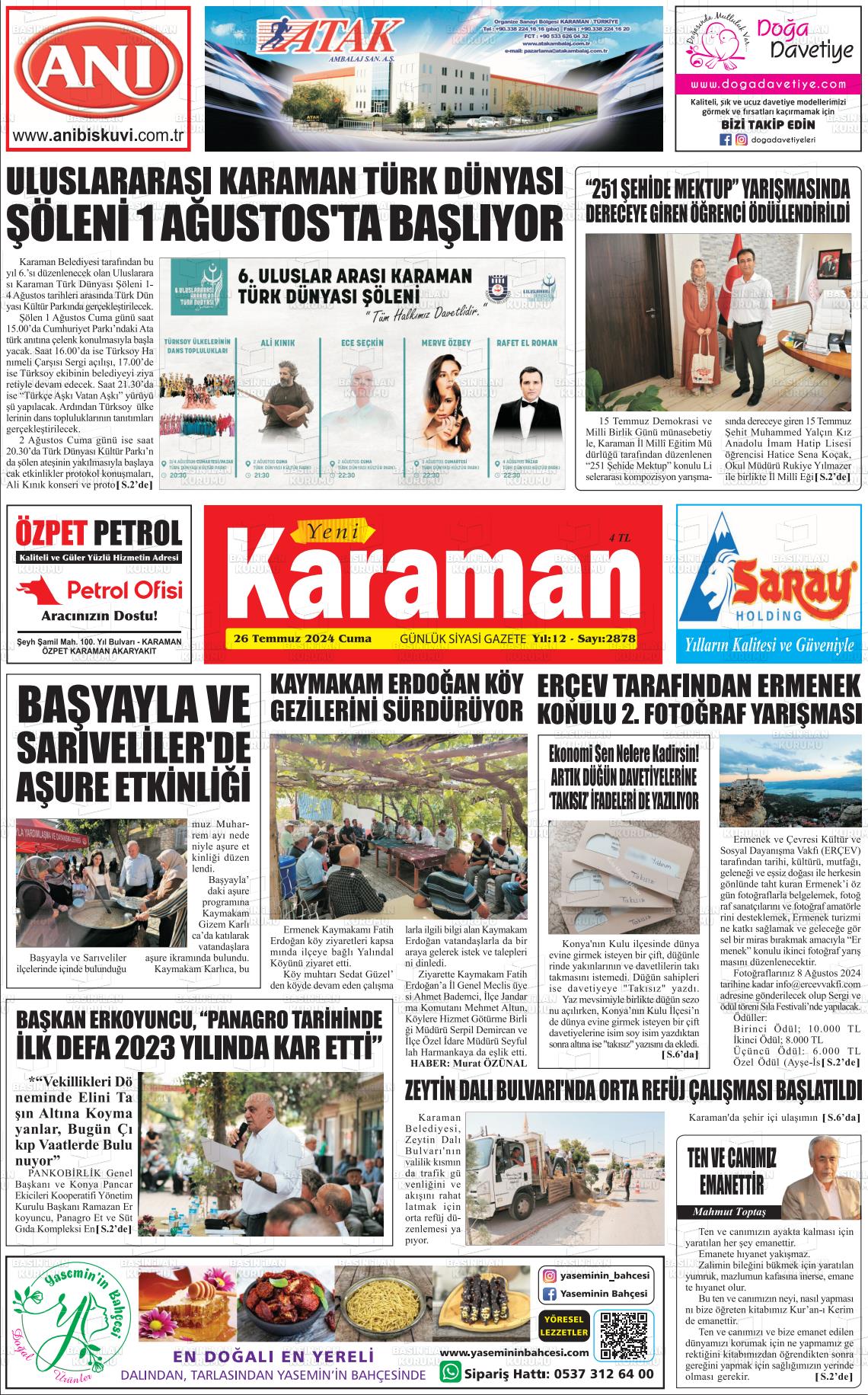 27 Temmuz 2024 Yeni Karaman Gazete Manşeti