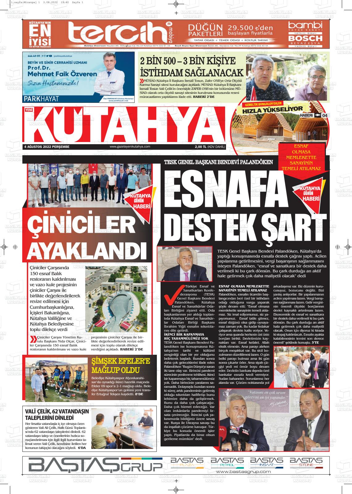 04 Ağustos 2022 Yeni Kütahya Gazete Manşeti