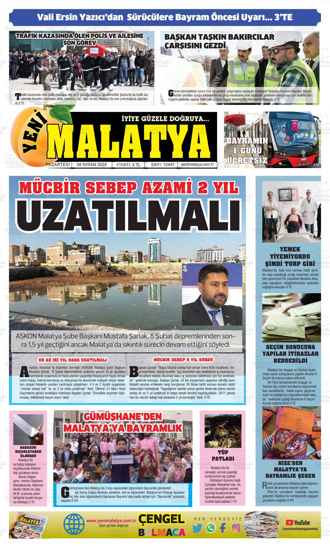 08 Nisan 2024 Yeni Malatya Gazete Manşeti