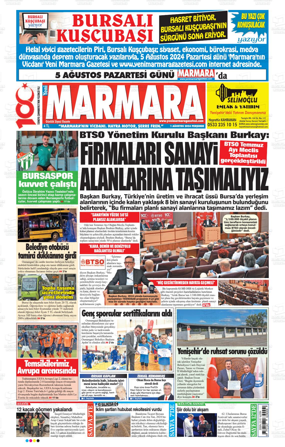 01 Ağustos 2024 Yeni Marmara Gazete Manşeti