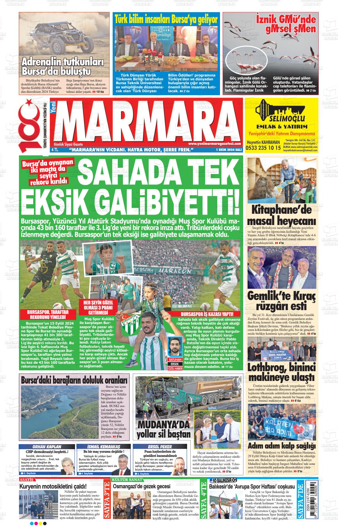 01 Ekim 2024 Yeni Marmara Gazete Manşeti