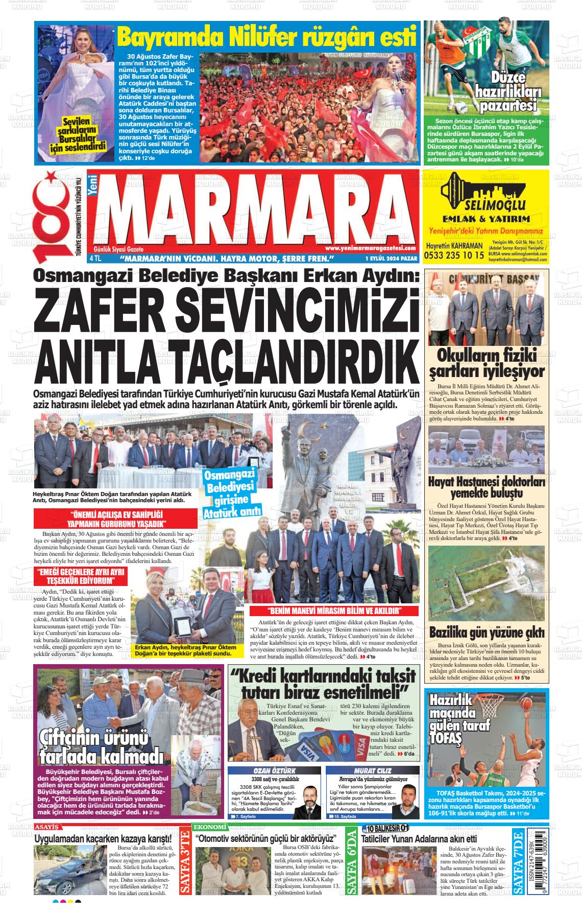 01 Eylül 2024 Yeni Marmara Gazete Manşeti