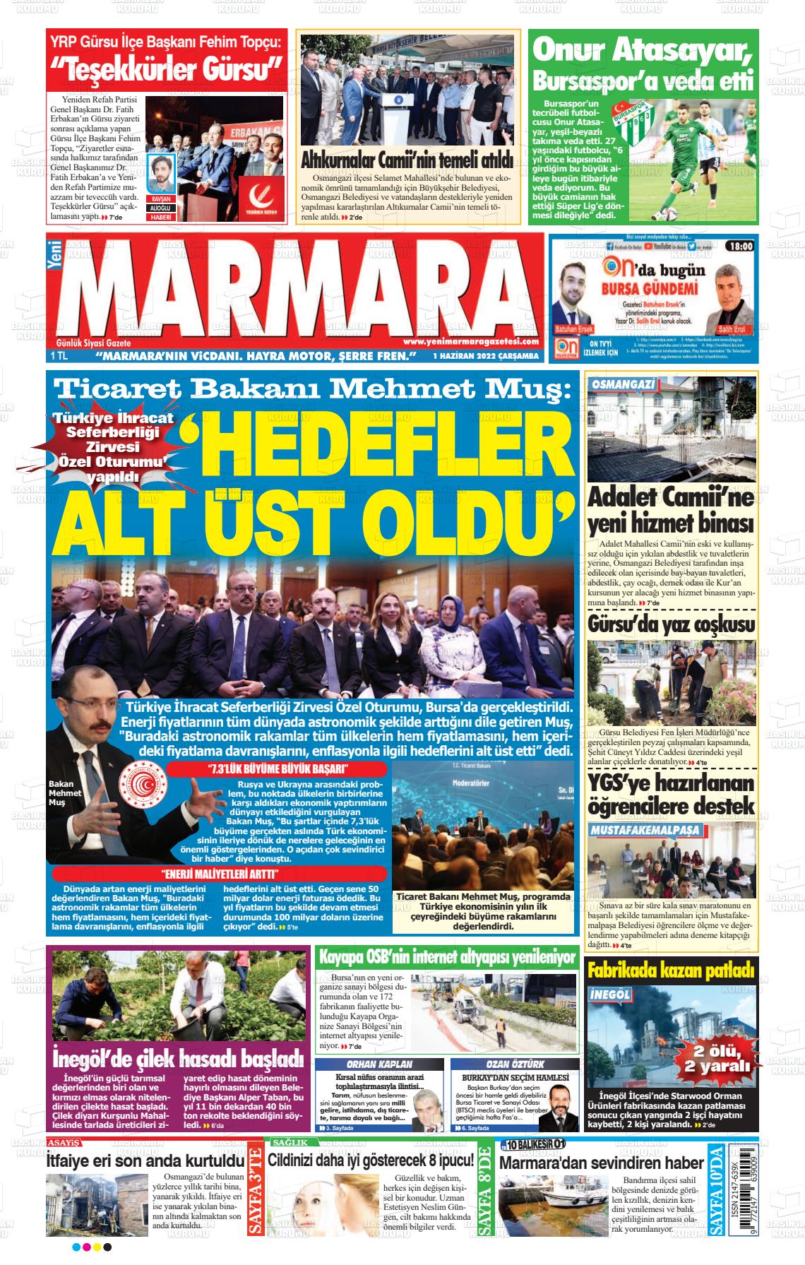 01 Haziran 2022 Yeni Marmara Gazete Manşeti