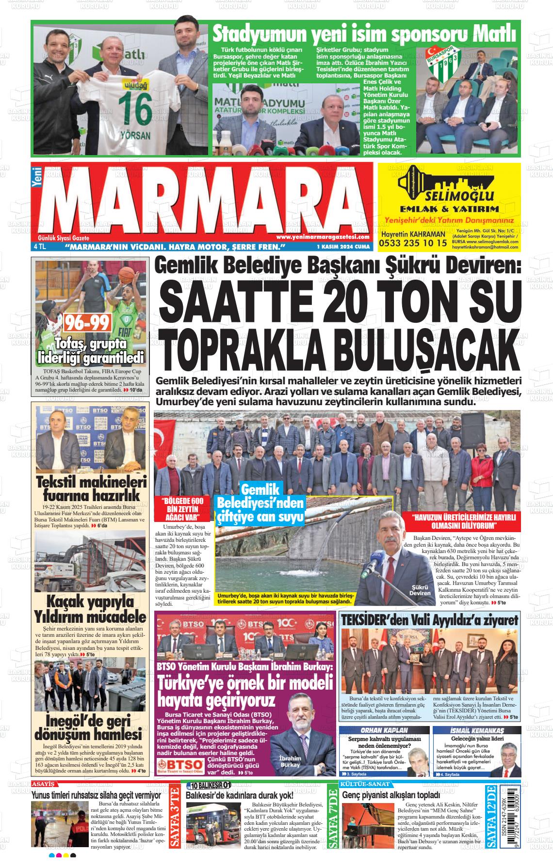 01 Kasım 2024 Yeni Marmara Gazete Manşeti