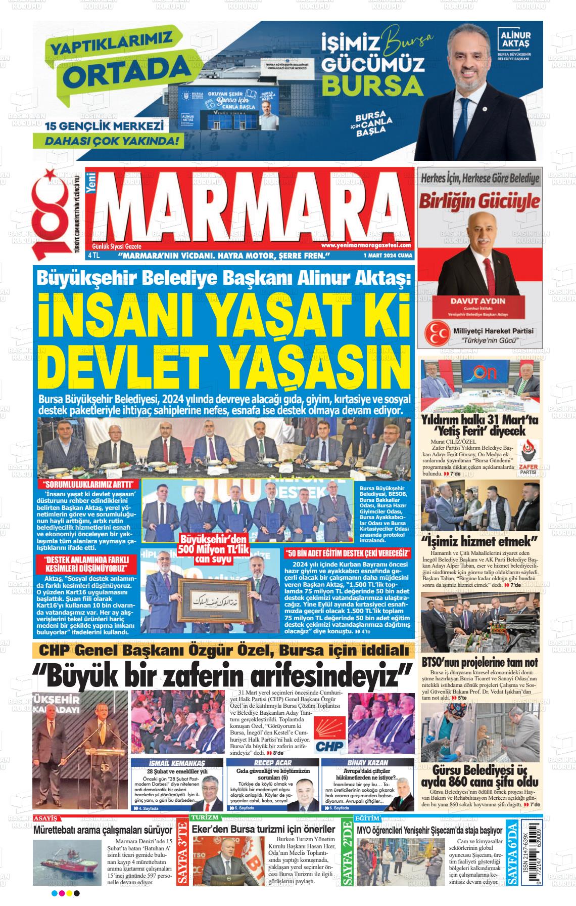 01 Mart 2024 Yeni Marmara Gazete Manşeti