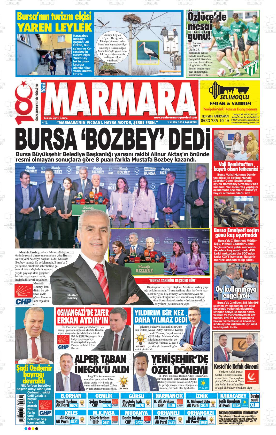 01 Nisan 2024 Yeni Marmara Gazete Manşeti